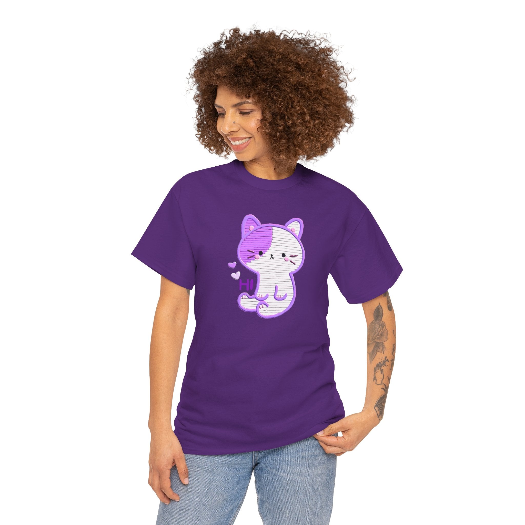 Cute Purple Cat “Hi” T-Shirt — Kawaii Kitten Graphic Tee
