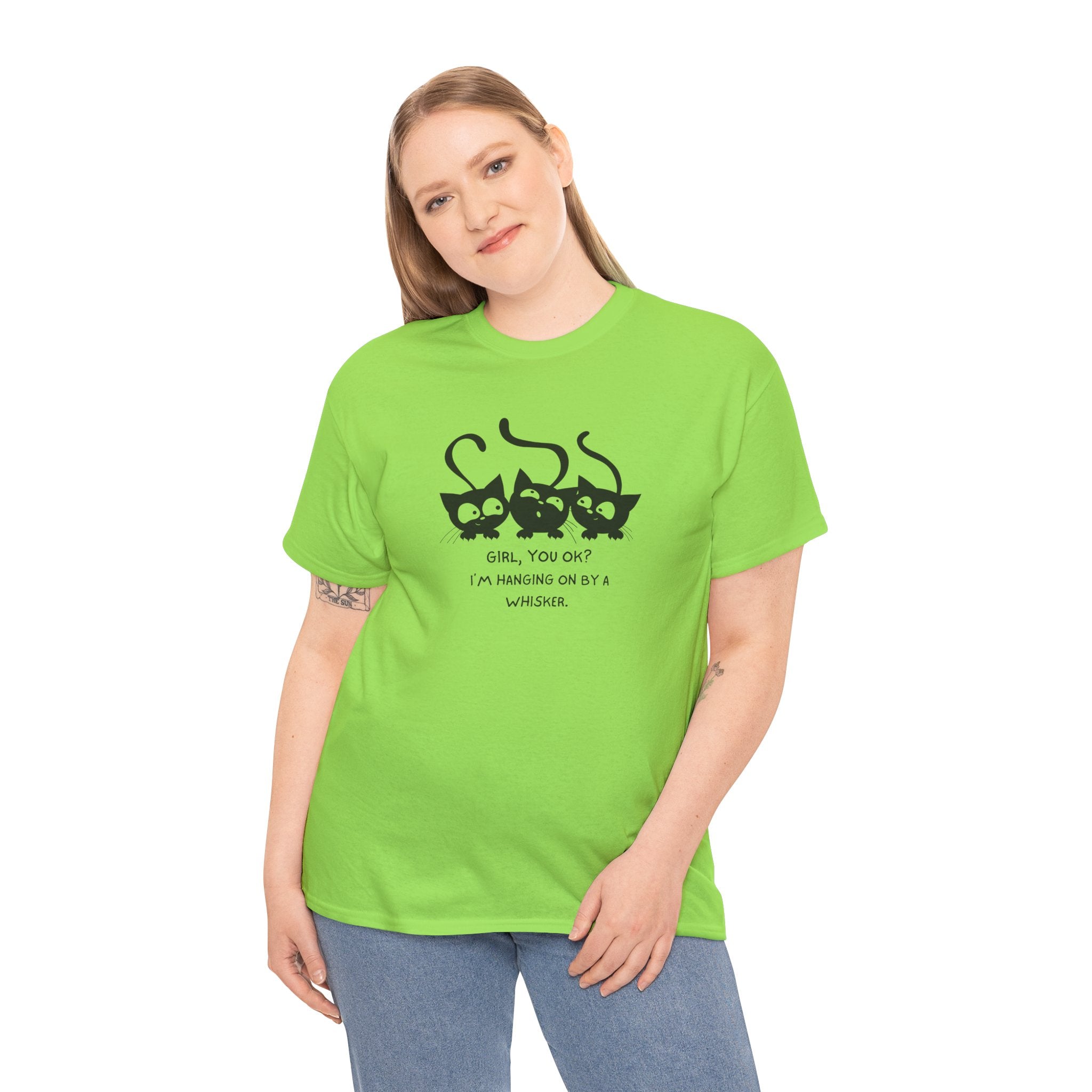Cat Trio T‑Shirt – “Girl, You OK? I’m Hanging On By A Whisper” Cute Cat Graphic Tee
