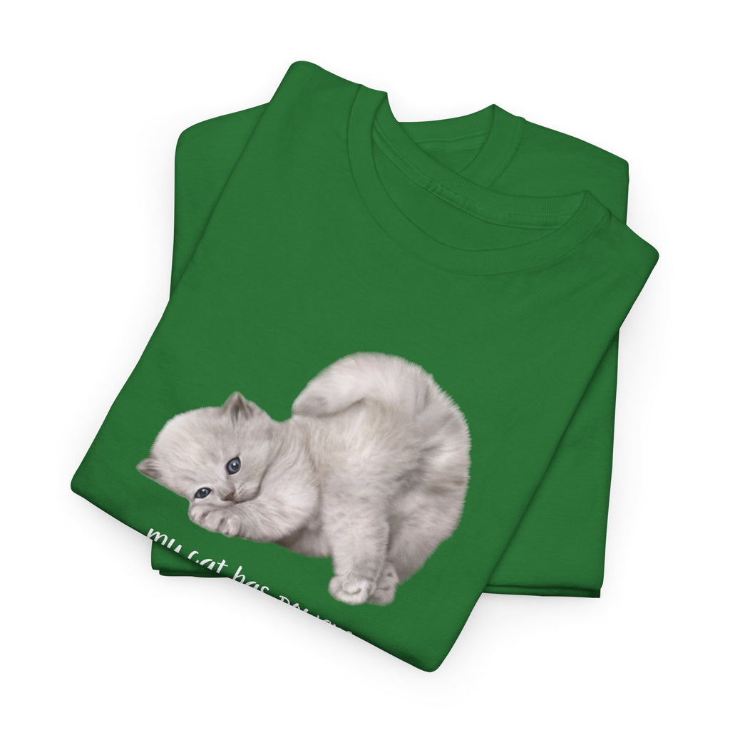 Cat T-Shirt – "My Cat Has Powers" Cute Stretching Cat Graphic Tee