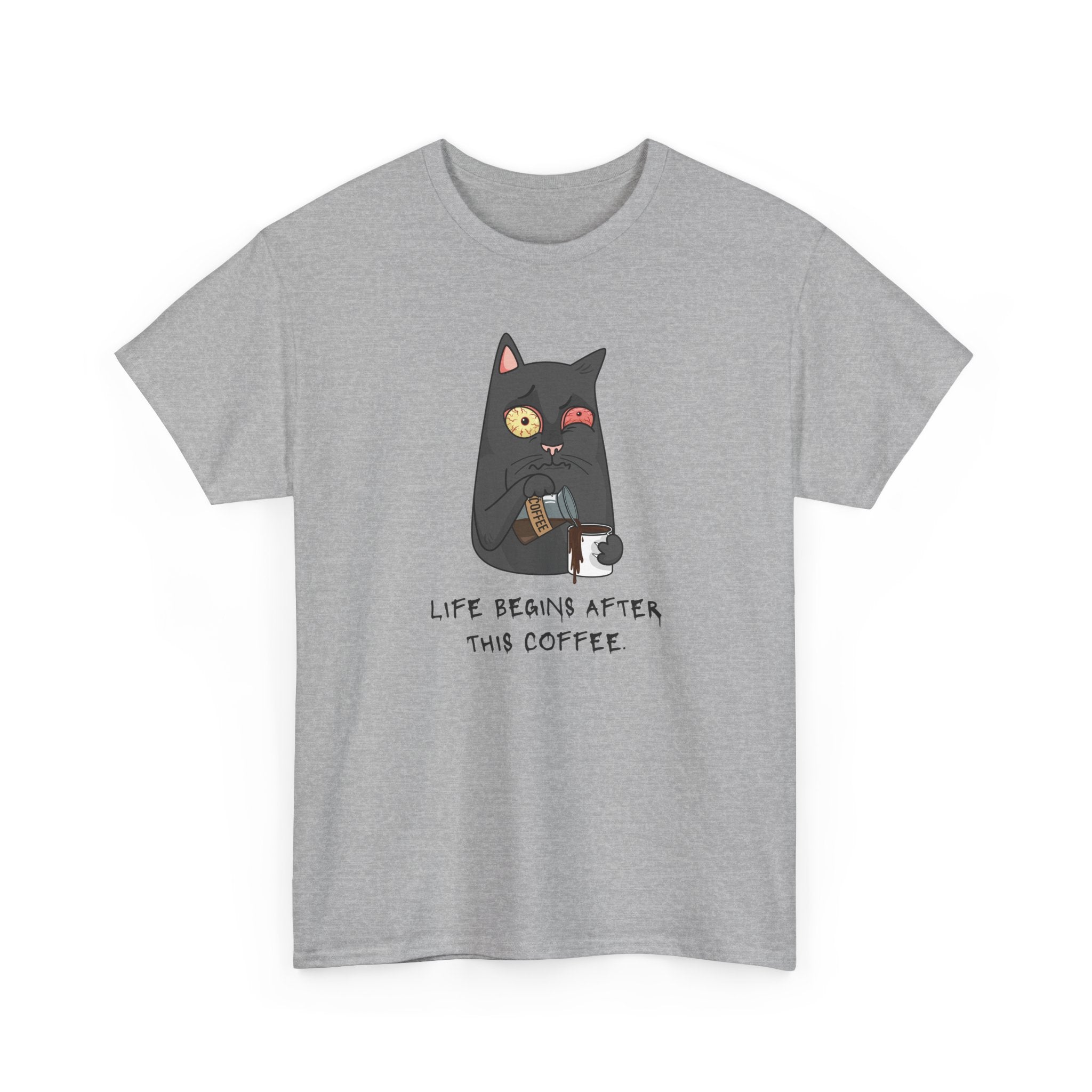 Cat Coffee T-Shirt — "Life Begins After This Coffee" Cute Cat Graphic Tee
