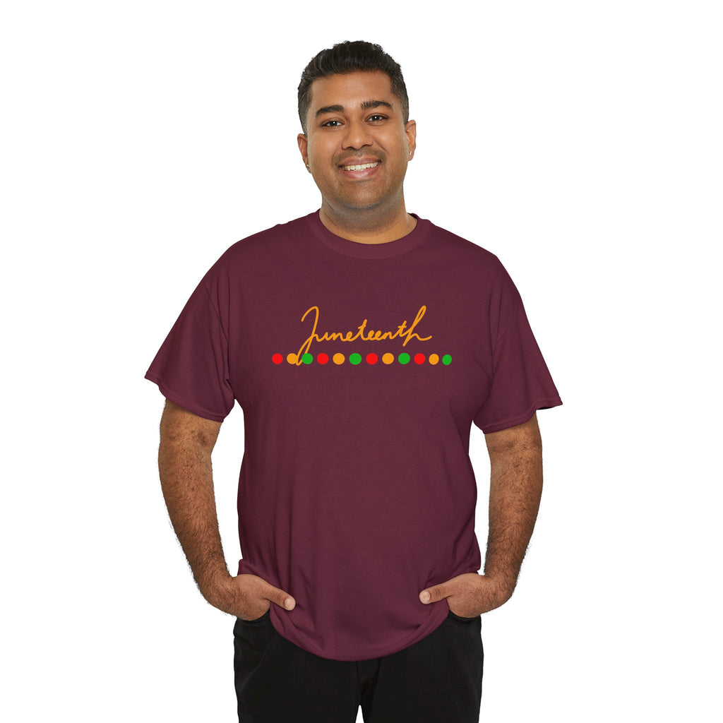 Juneteenth Script Tee — Juneteenth Celebration T-Shirt with Red, Green & Gold Dot Accent