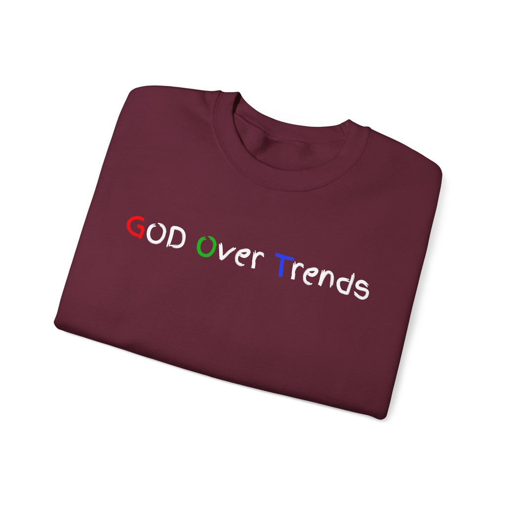 Crewneck Sweatshirt — "GOD over Trends" Colorful Faith Graphic