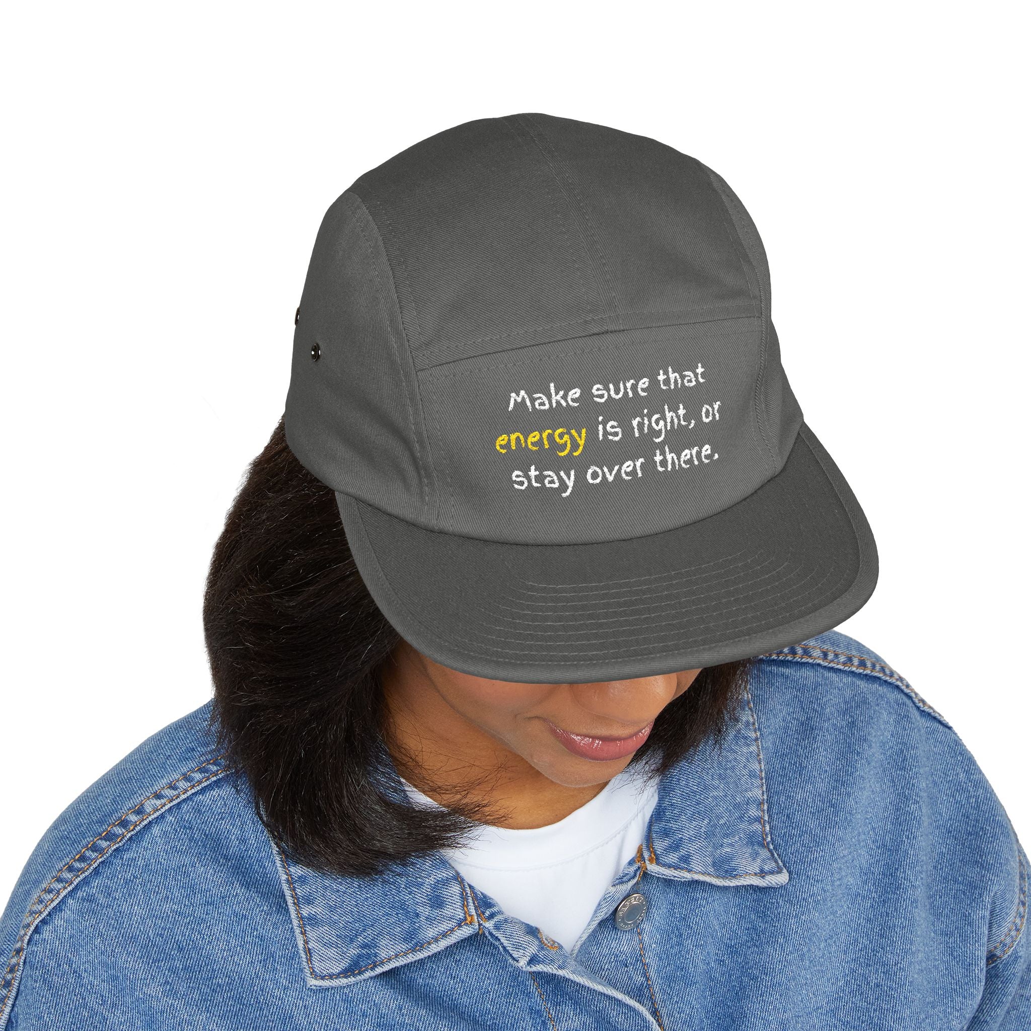 Embroidered 5-Panel Cap — "Make sure that energy is right" Casual Tan Hat