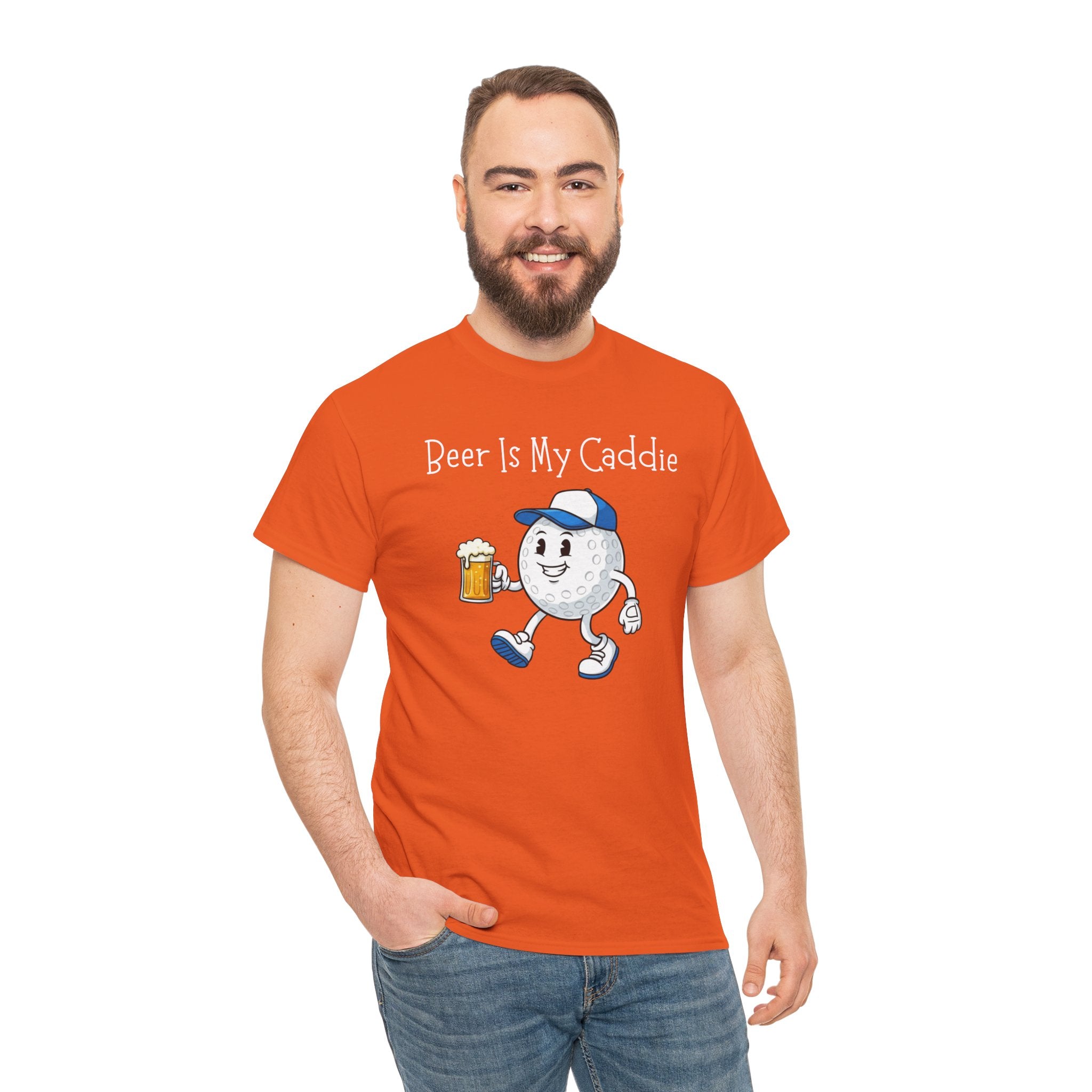 Golf Ball Cartoon Tee — "Beer Is My Caddie" Funny Golf Shirt