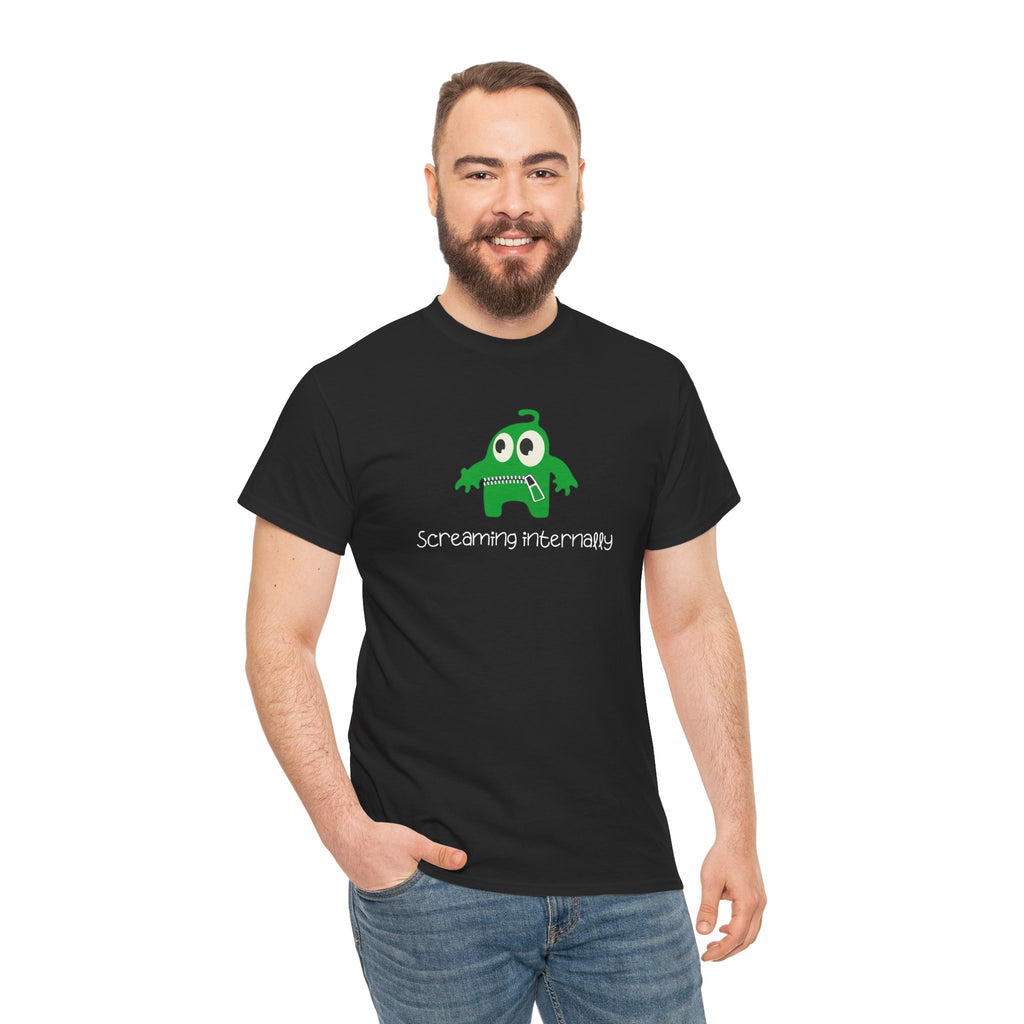 Screaming Internally Tee — Cute Green Monster Graphic Shirt