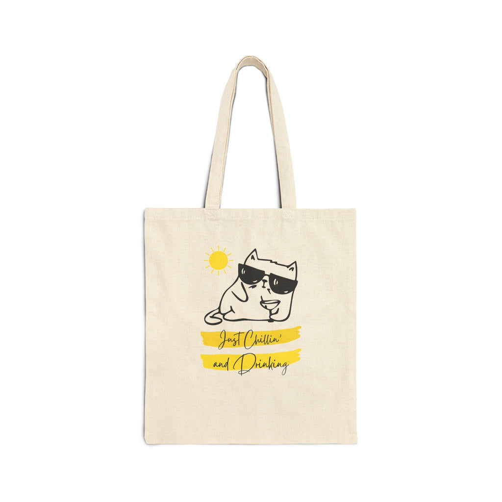 Cat Chill Tote Bag — "Just Chillin' and Drinking" Cotton Canvas Grocery Tote
