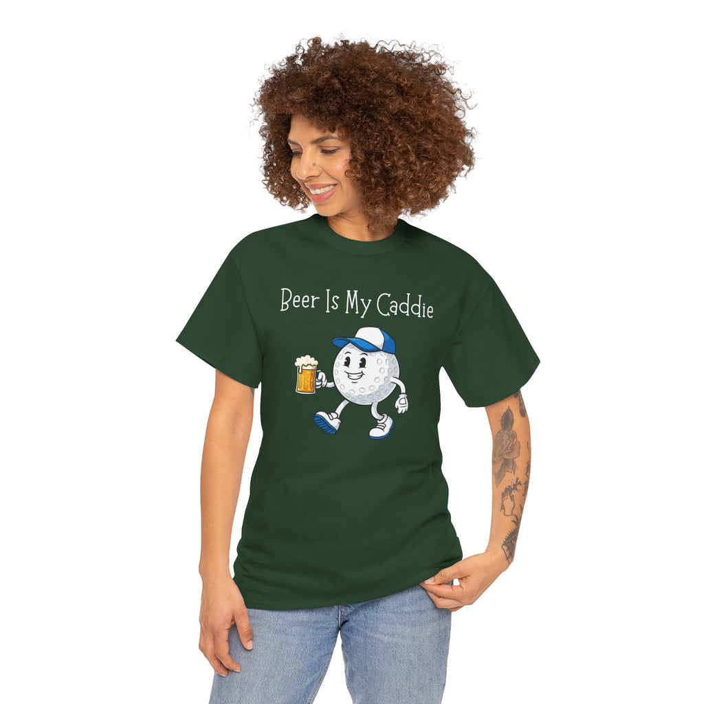 Golf Ball Cartoon Tee — "Beer Is My Caddie" Funny Golf Shirt