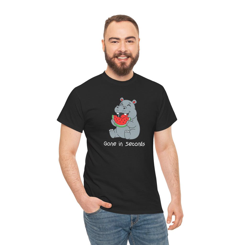 Hippo Eating Watermelon Tee — "Gone in Seconds" Cute Animal Graphic Shirt
