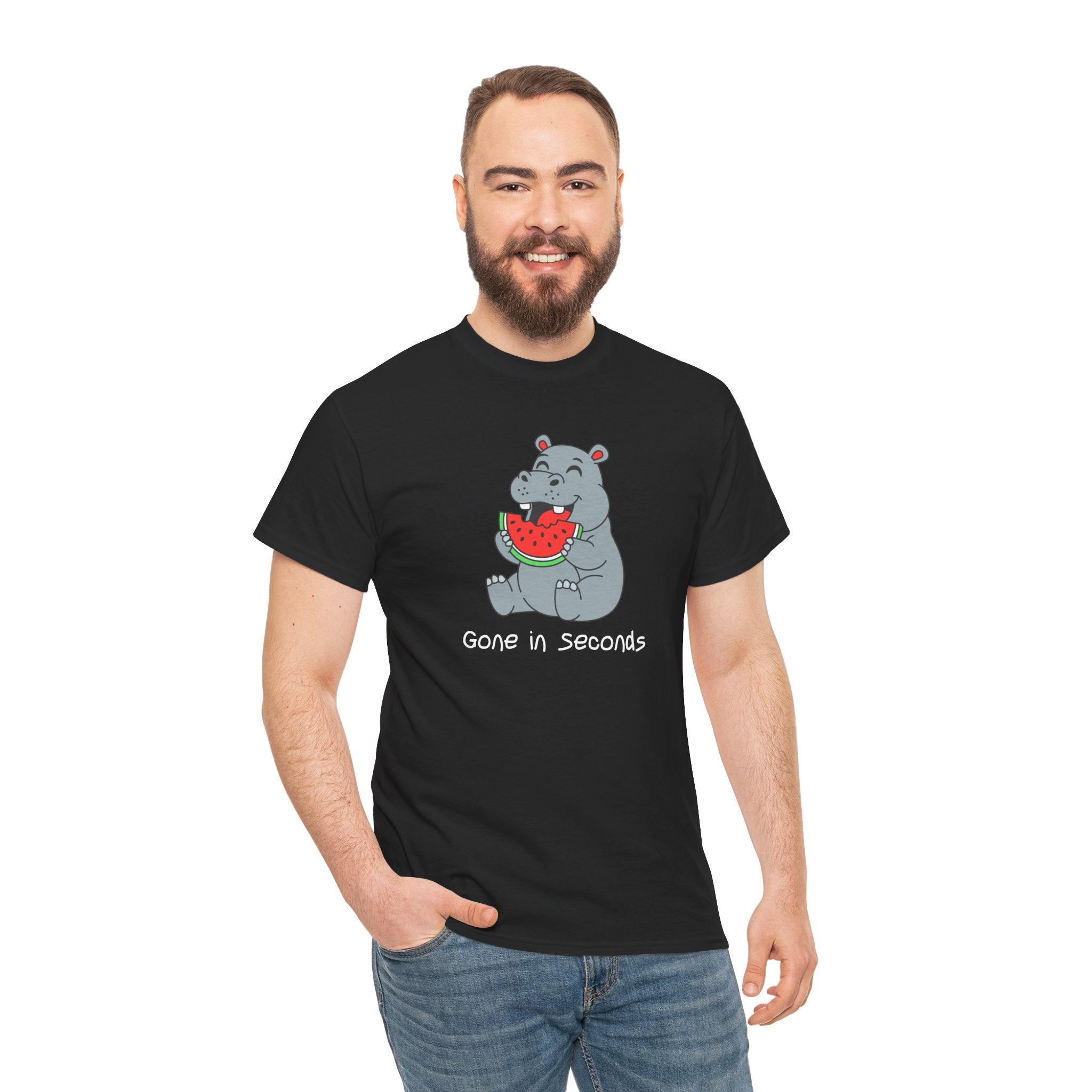 Hippo Eating Watermelon Tee — "Gone in Seconds" Cute Animal Graphic Shirt