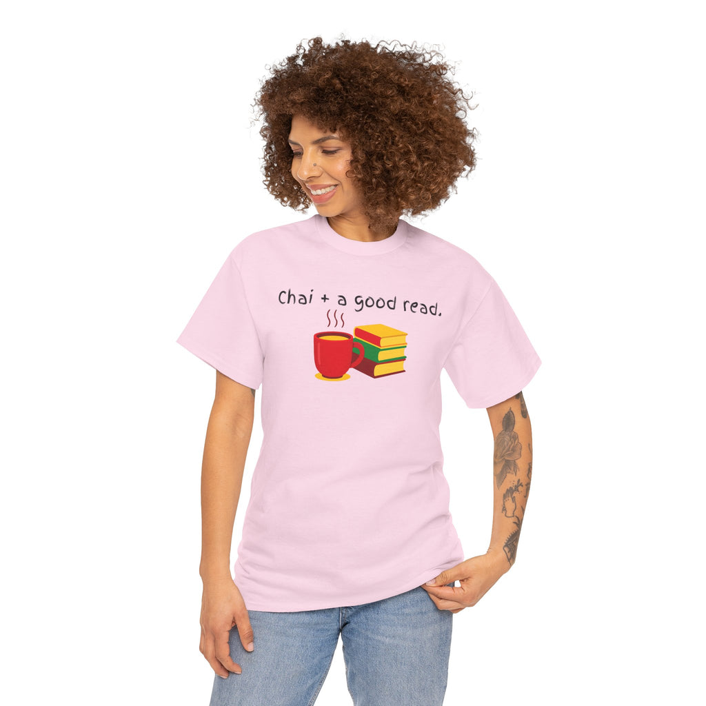Chai + A Good Read T-Shirt — Tea & Books Graphic Tee for Book Lovers