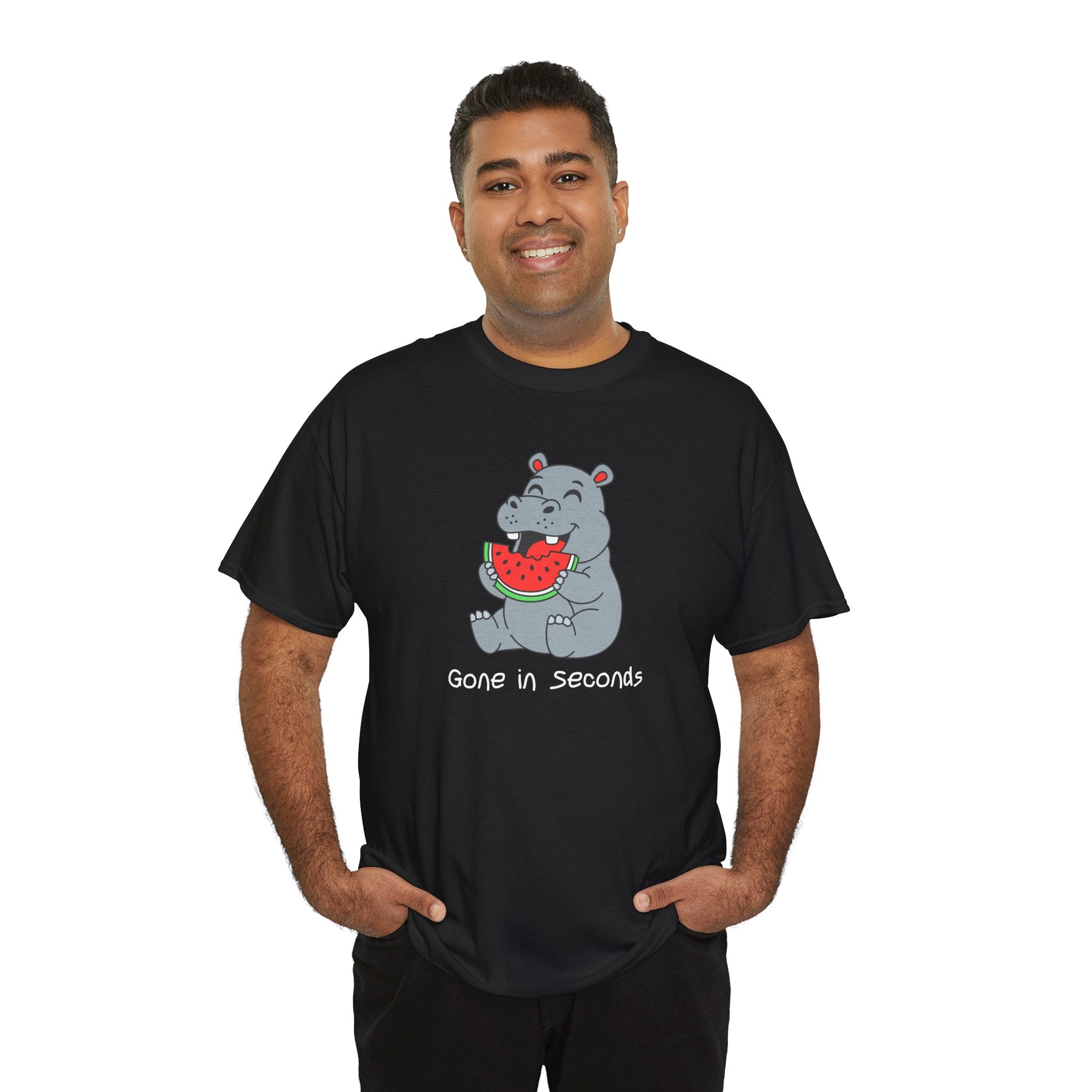 Hippo Eating Watermelon Tee — "Gone in Seconds" Cute Animal Graphic Shirt