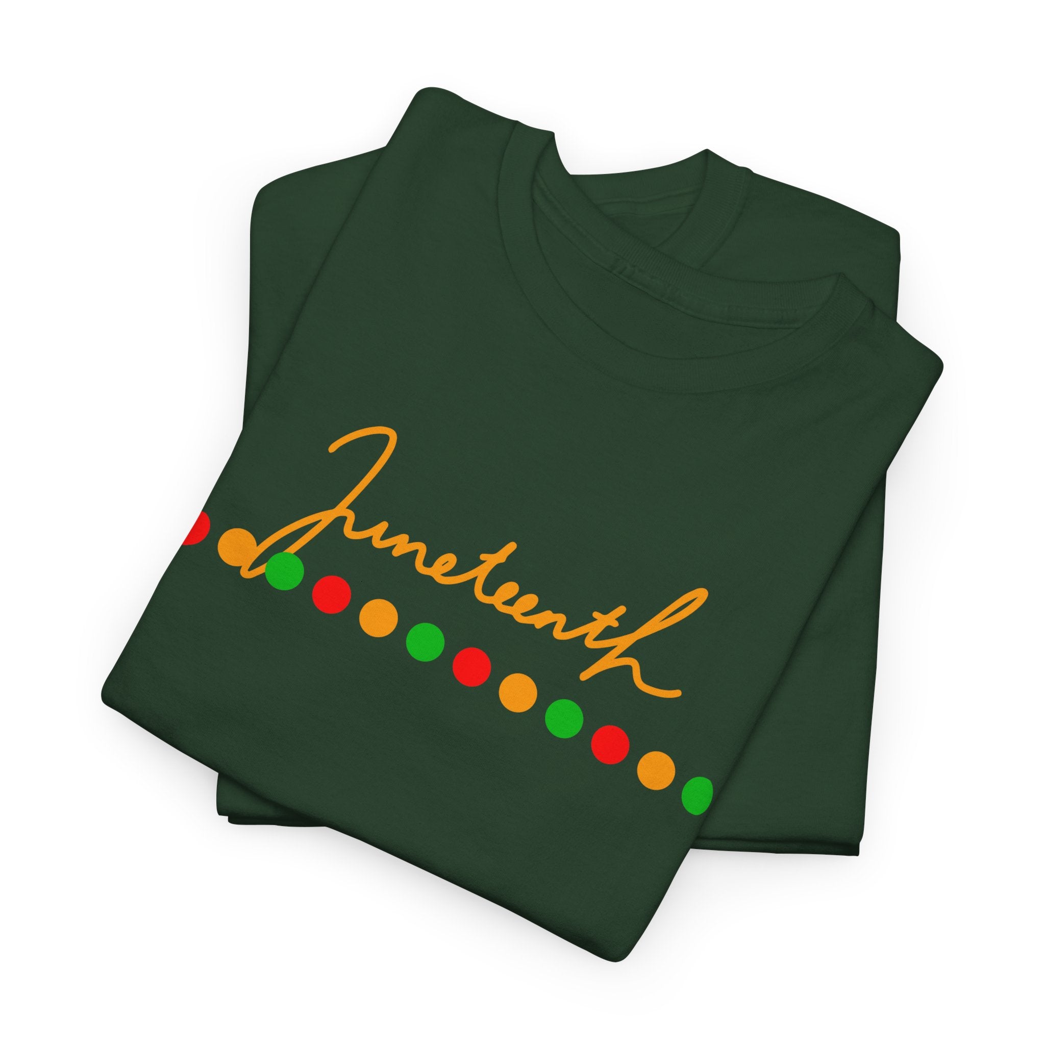 Juneteenth Script Tee — Juneteenth Celebration T-Shirt with Red, Green & Gold Dot Accent