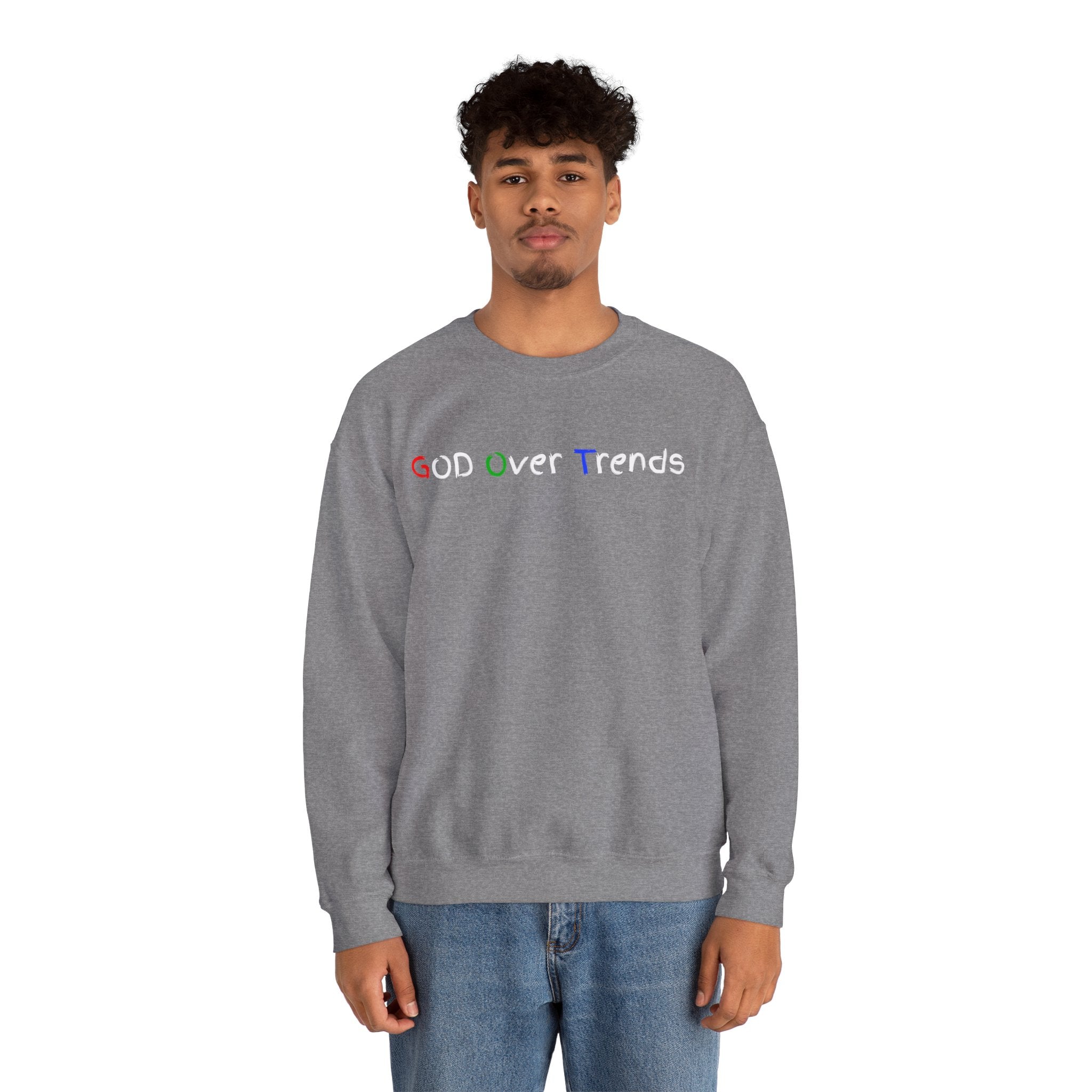 Crewneck Sweatshirt — "GOD over Trends" Colorful Faith Graphic