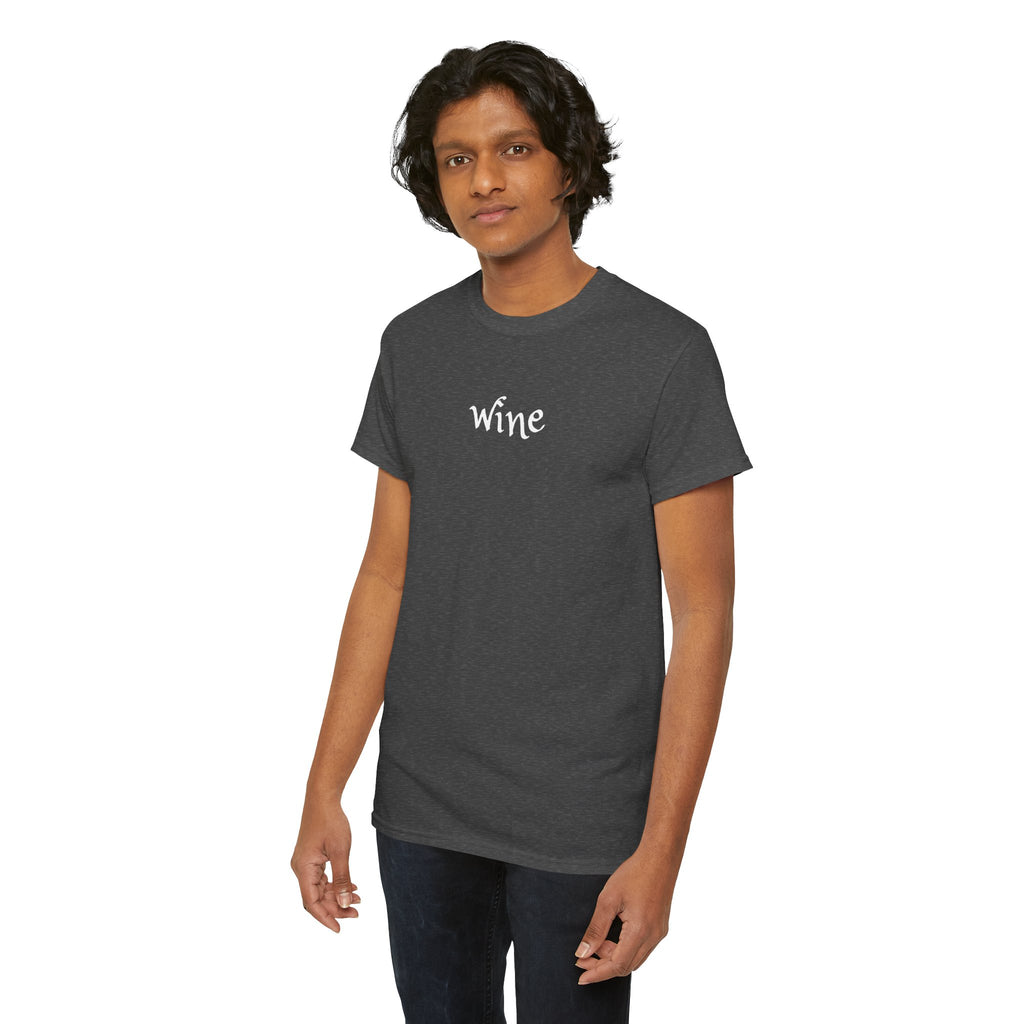 Wine Graphic Tee — Minimalist Small Chest 'wine' Text T‑Shirt