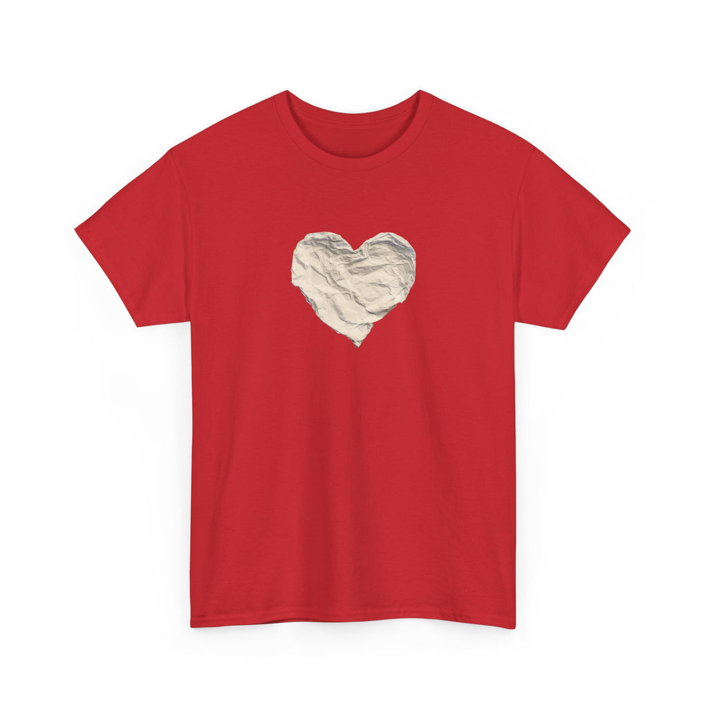 Crinkled Paper Heart Tee - Minimalist White Cotton Shirt