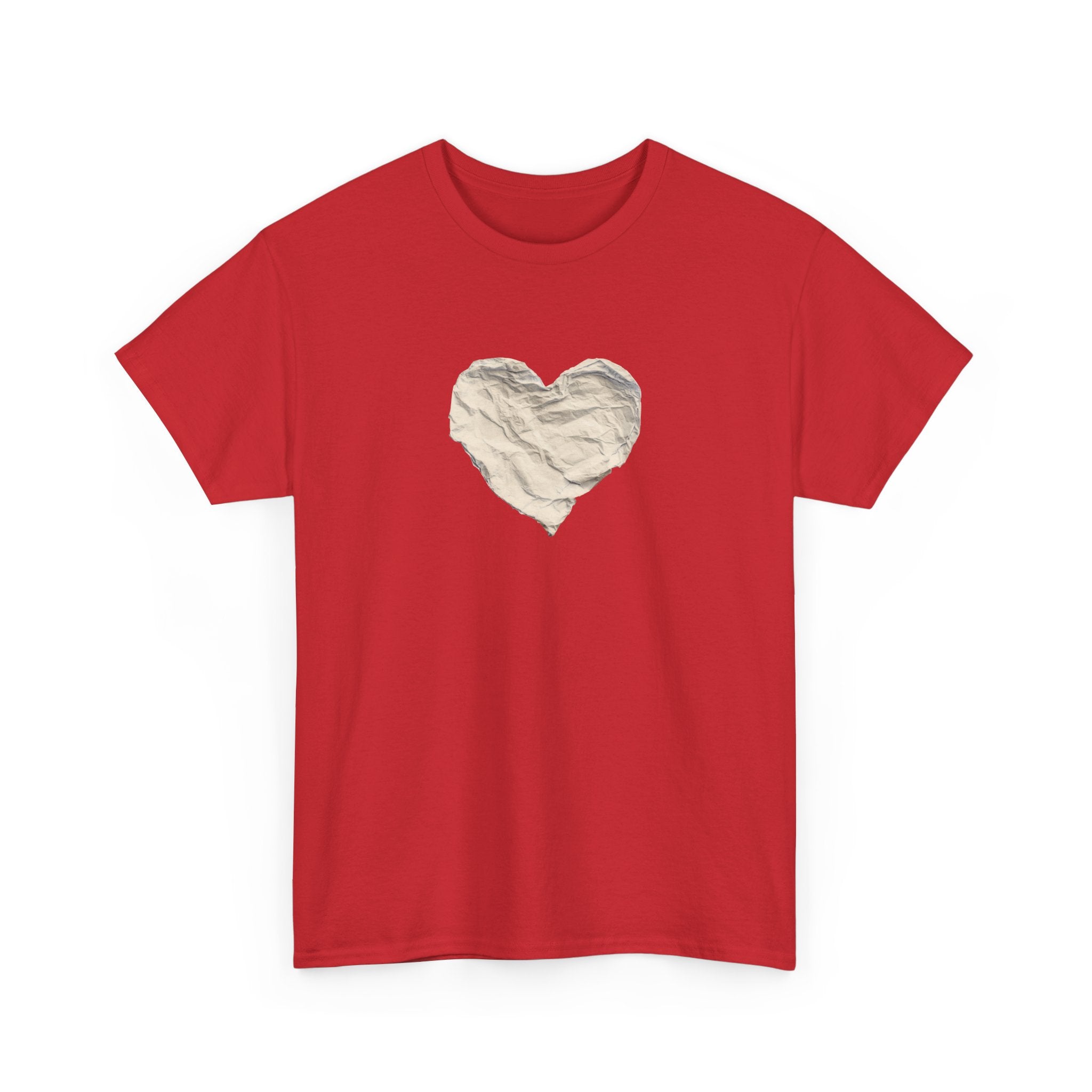 Crinkled Paper Heart Tee - Minimalist White Cotton Shirt