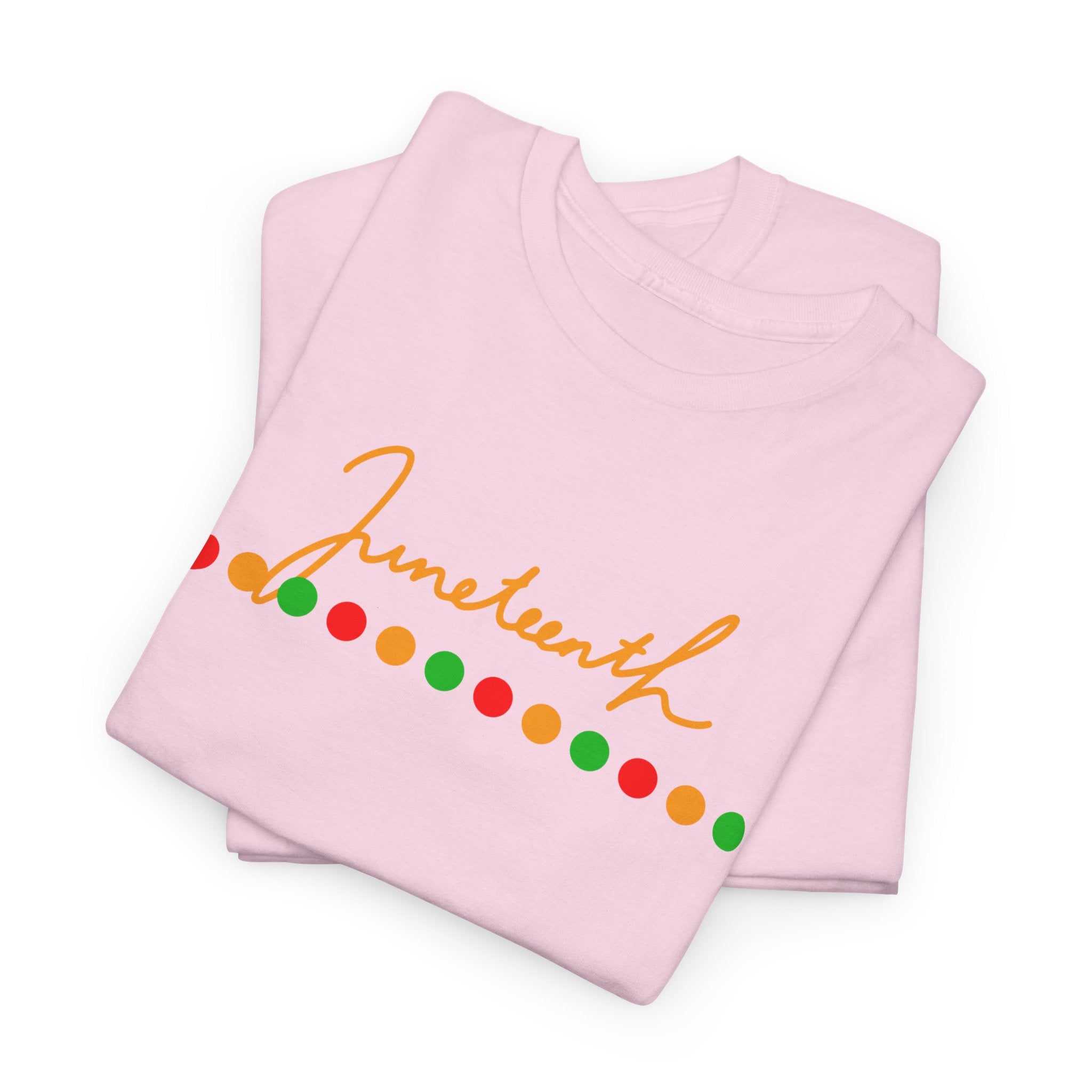 Juneteenth Script Tee — Juneteenth Celebration T-Shirt with Red, Green & Gold Dot Accent