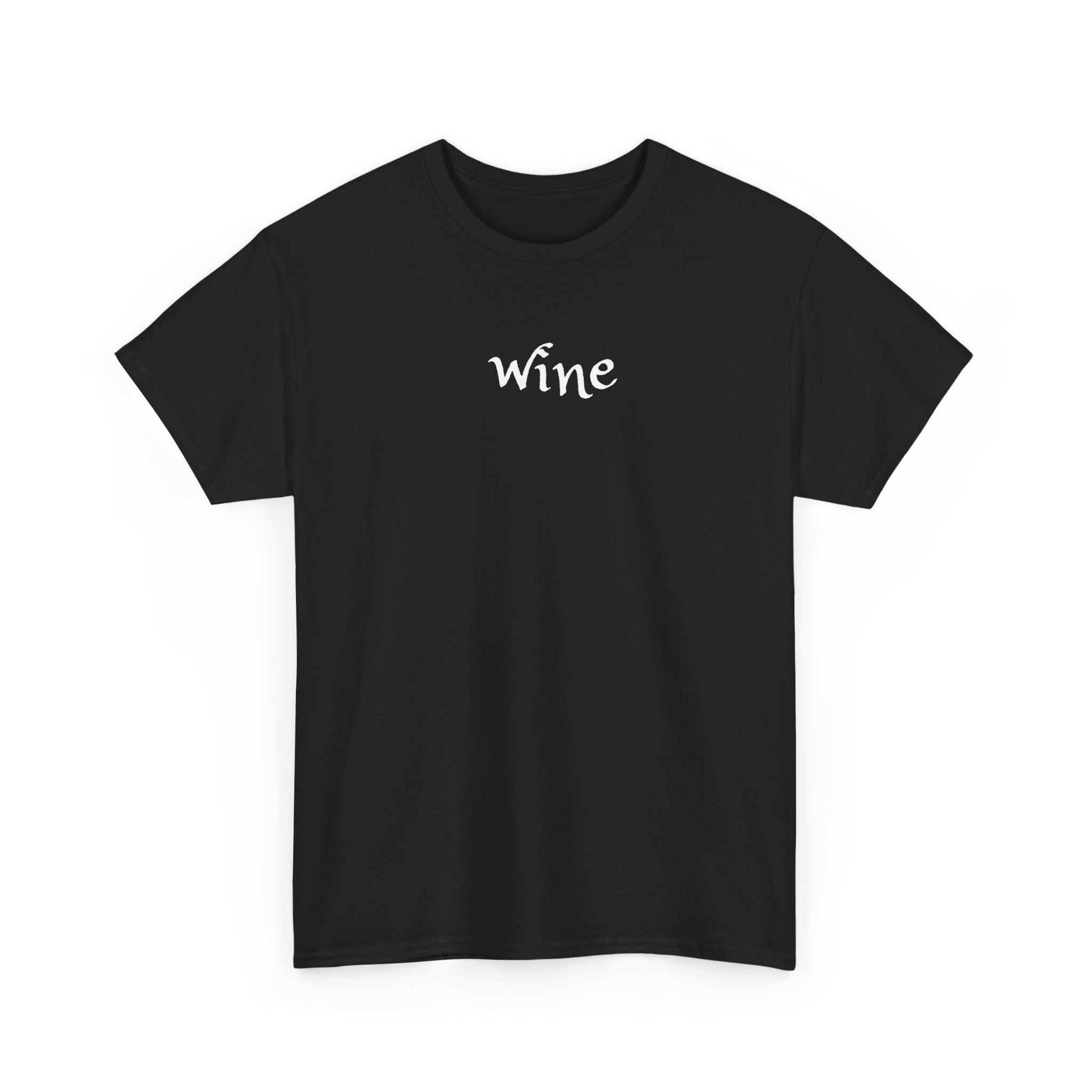 Wine Graphic Tee — Minimalist Small Chest 'wine' Text T‑Shirt