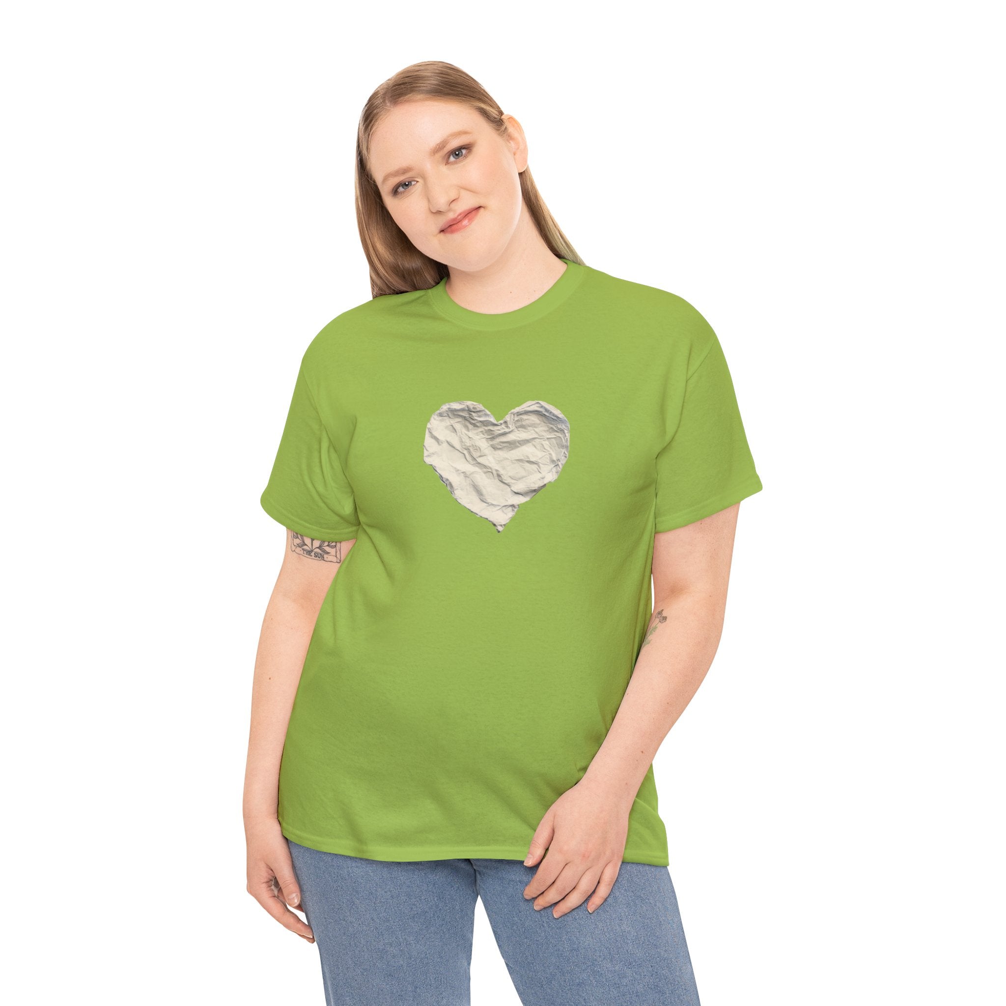 Crinkled Paper Heart Tee - Minimalist White Cotton Shirt
