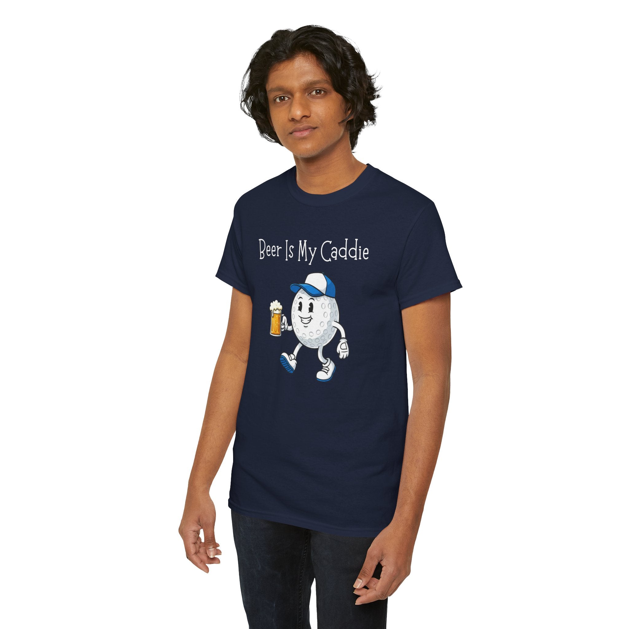 Golf Ball Cartoon Tee — "Beer Is My Caddie" Funny Golf Shirt