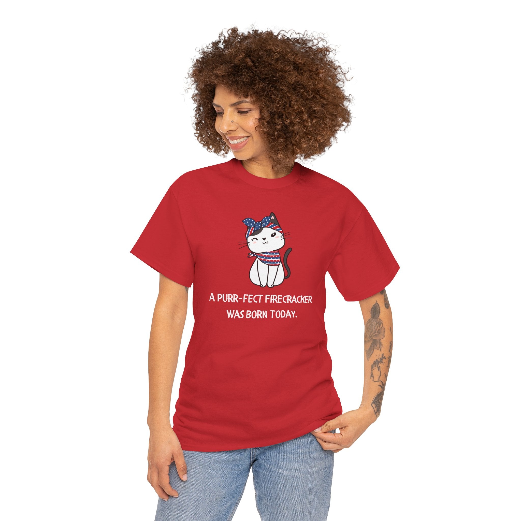 Cat Birthday Tee — "A Purr-fect Firecracker Was Born Today"
