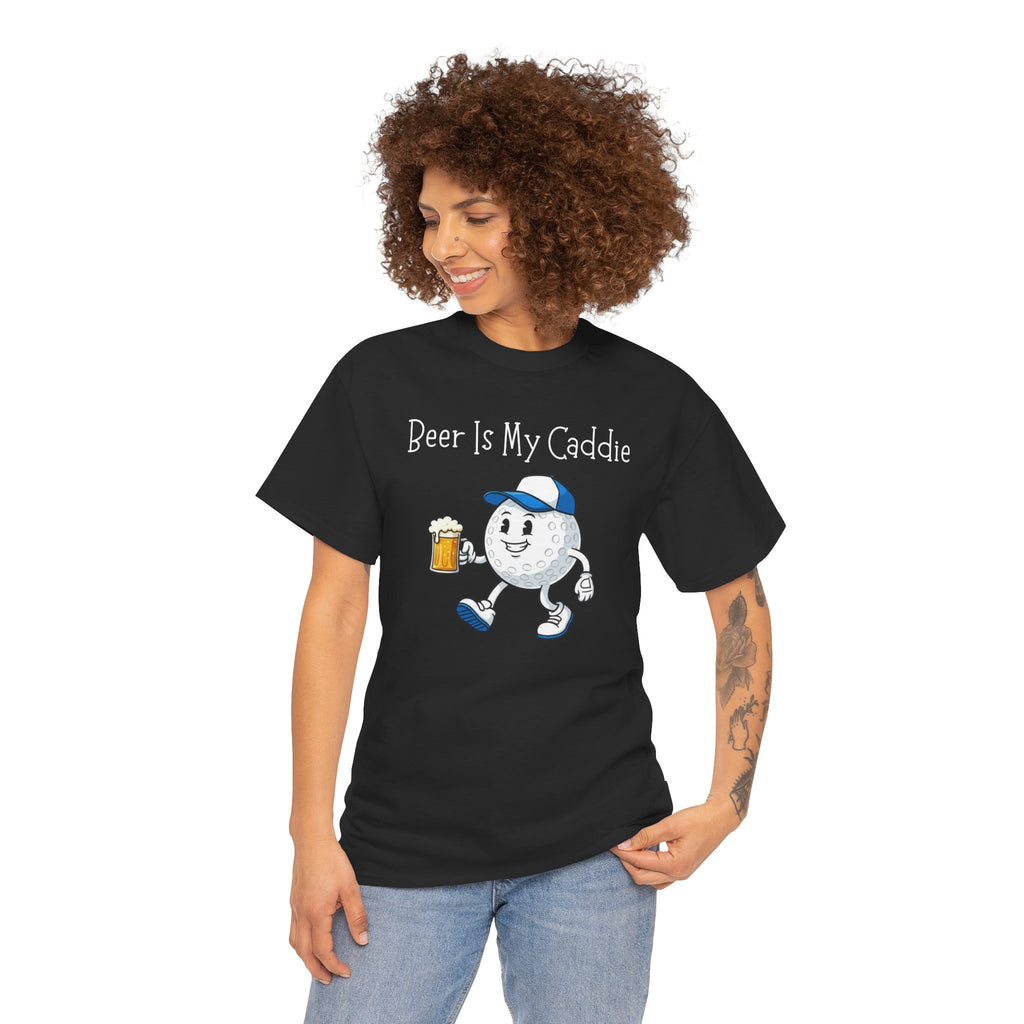 Golf Ball Cartoon Tee — "Beer Is My Caddie" Funny Golf Shirt