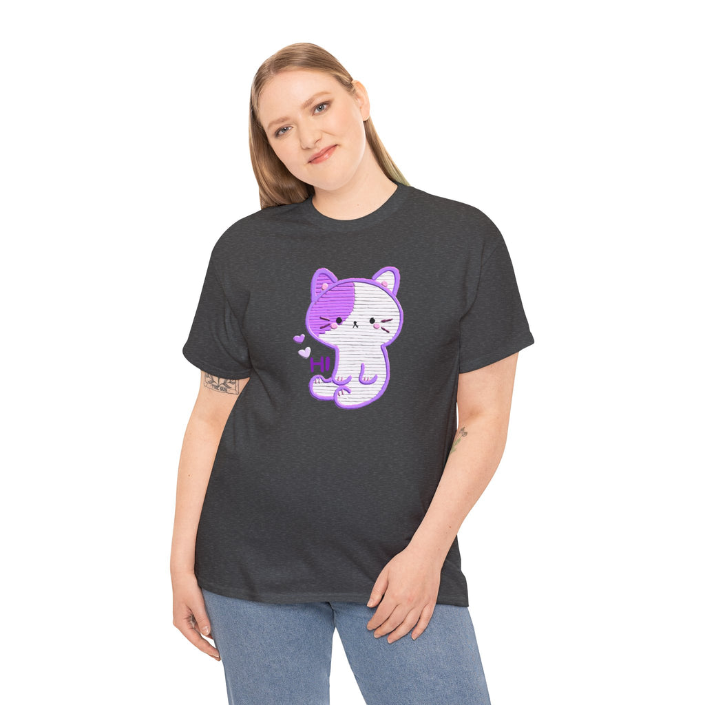 Cute Purple Cat “Hi” T-Shirt — Kawaii Kitten Graphic Tee