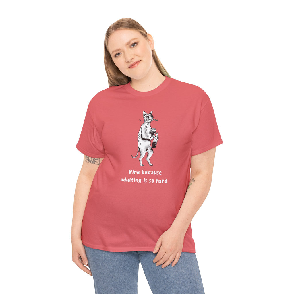 T-Shirt — 'Wine because adulting is so hard' Cat Wine Graphic Tee