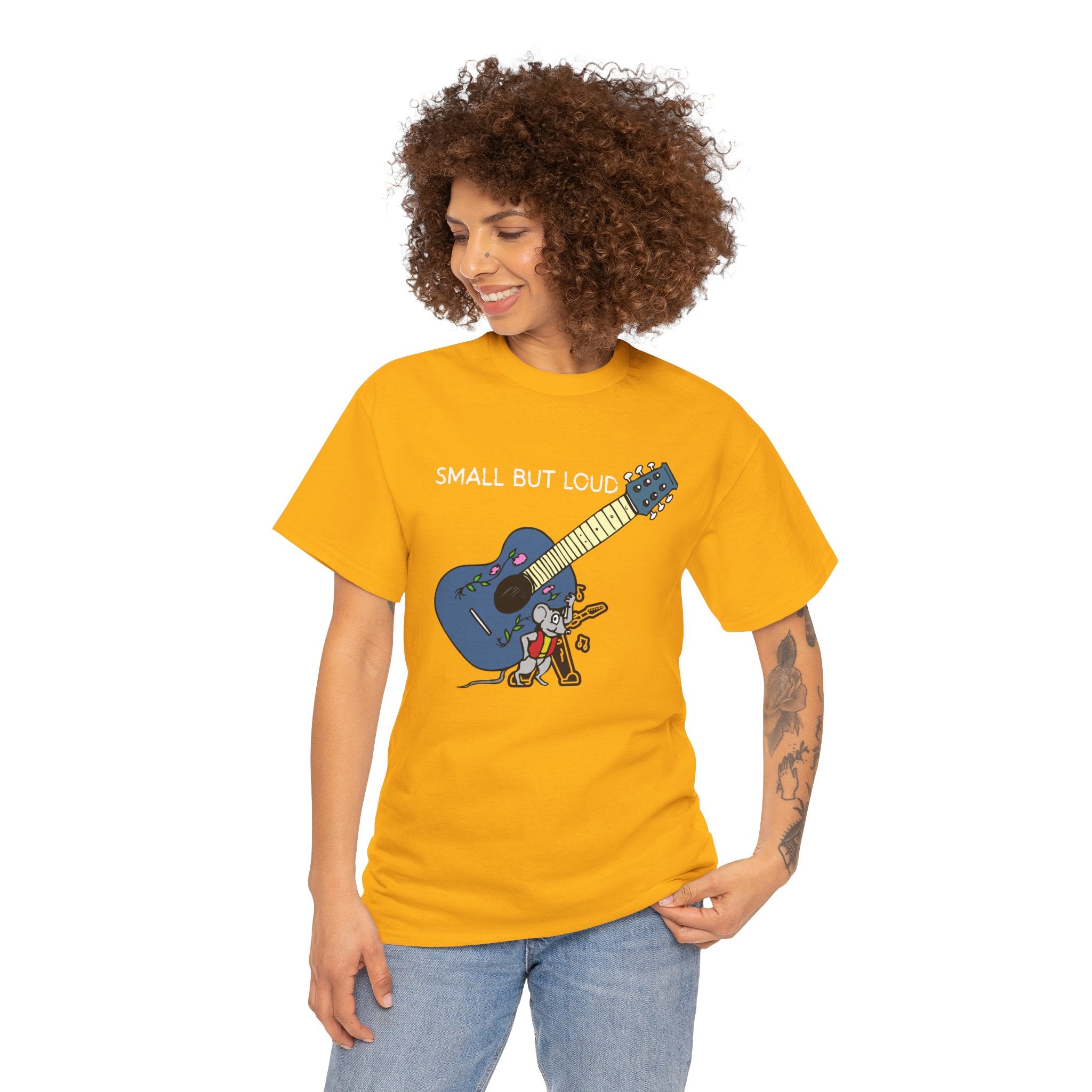 T-Shirt — "Small But Loud" Cute Mouse with Guitar Graphic