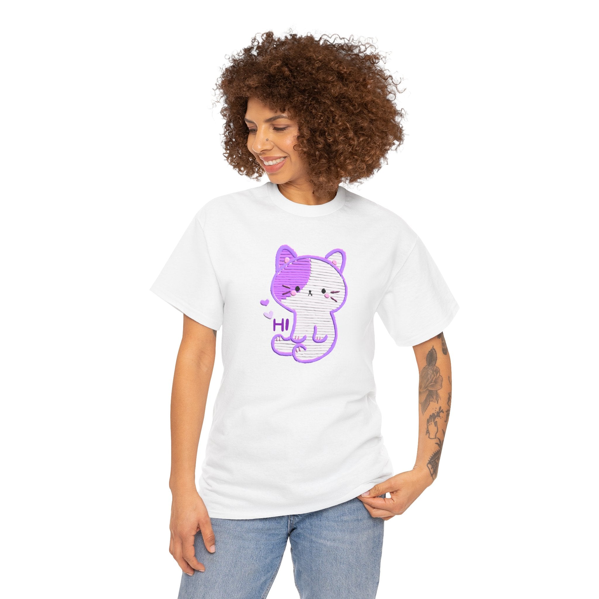Cute Purple Cat “Hi” T-Shirt — Kawaii Kitten Graphic Tee