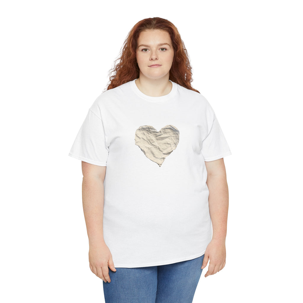 Crinkled Paper Heart Tee - Minimalist White Cotton Shirt