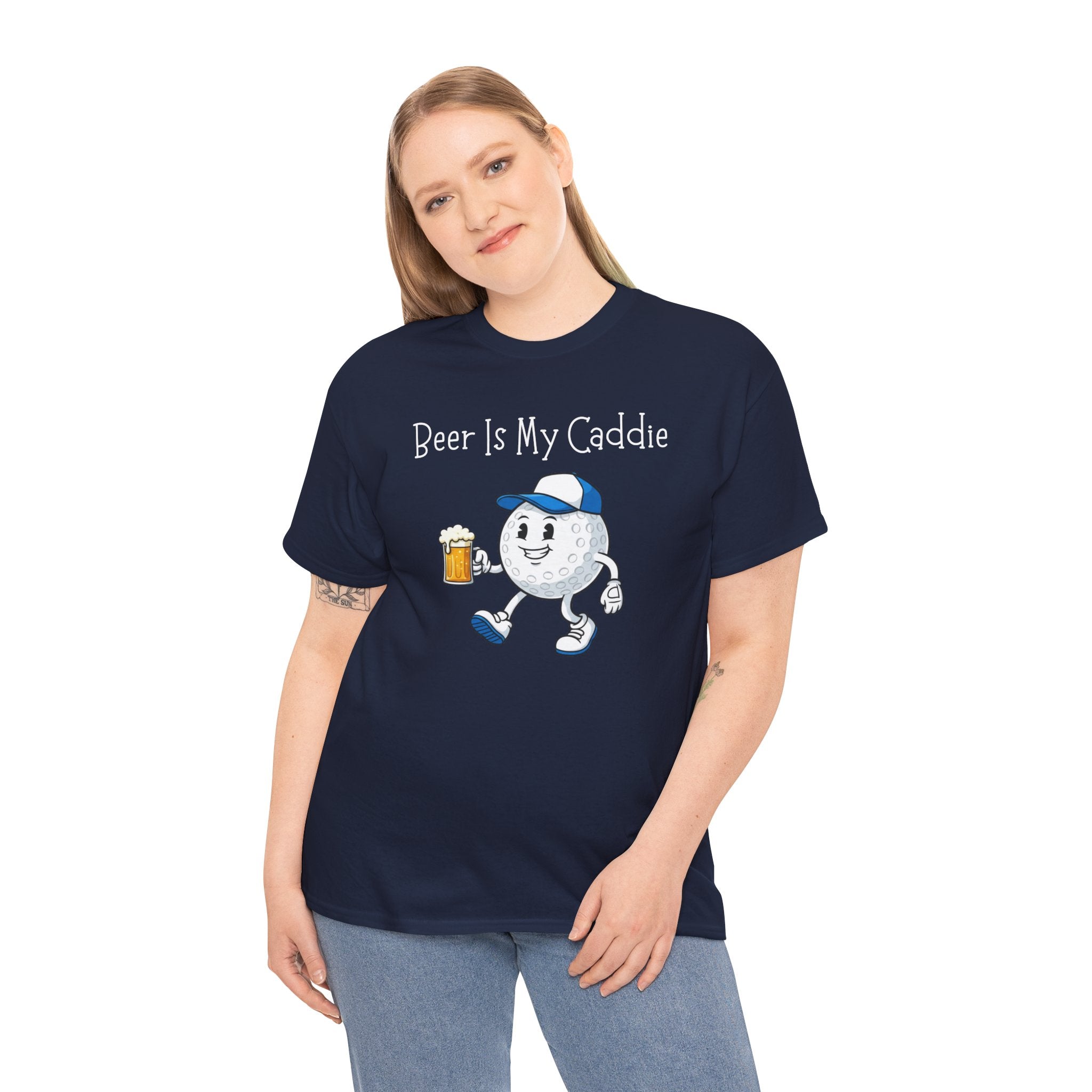 Golf Ball Cartoon Tee — "Beer Is My Caddie" Funny Golf Shirt