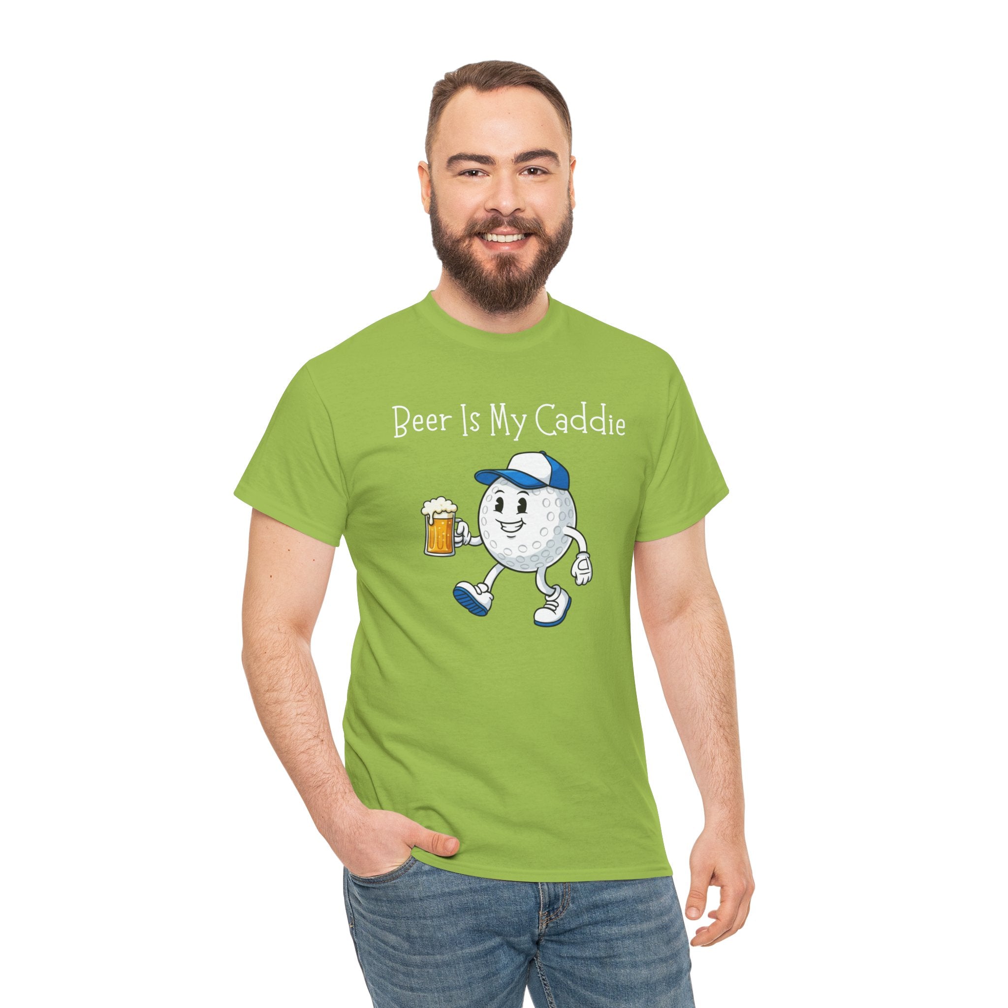Golf Ball Cartoon Tee — "Beer Is My Caddie" Funny Golf Shirt