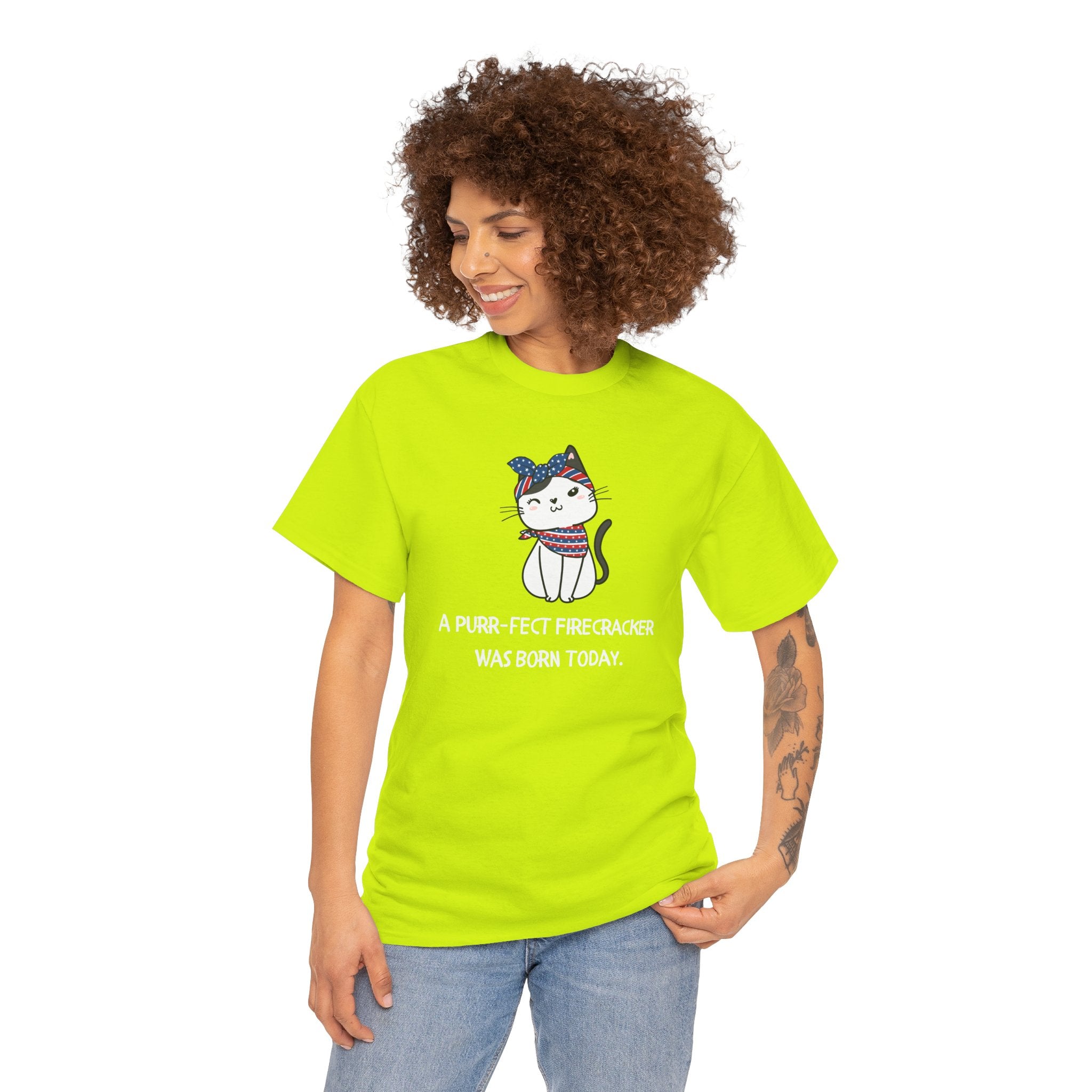 Cat Birthday Tee — "A Purr-fect Firecracker Was Born Today"
