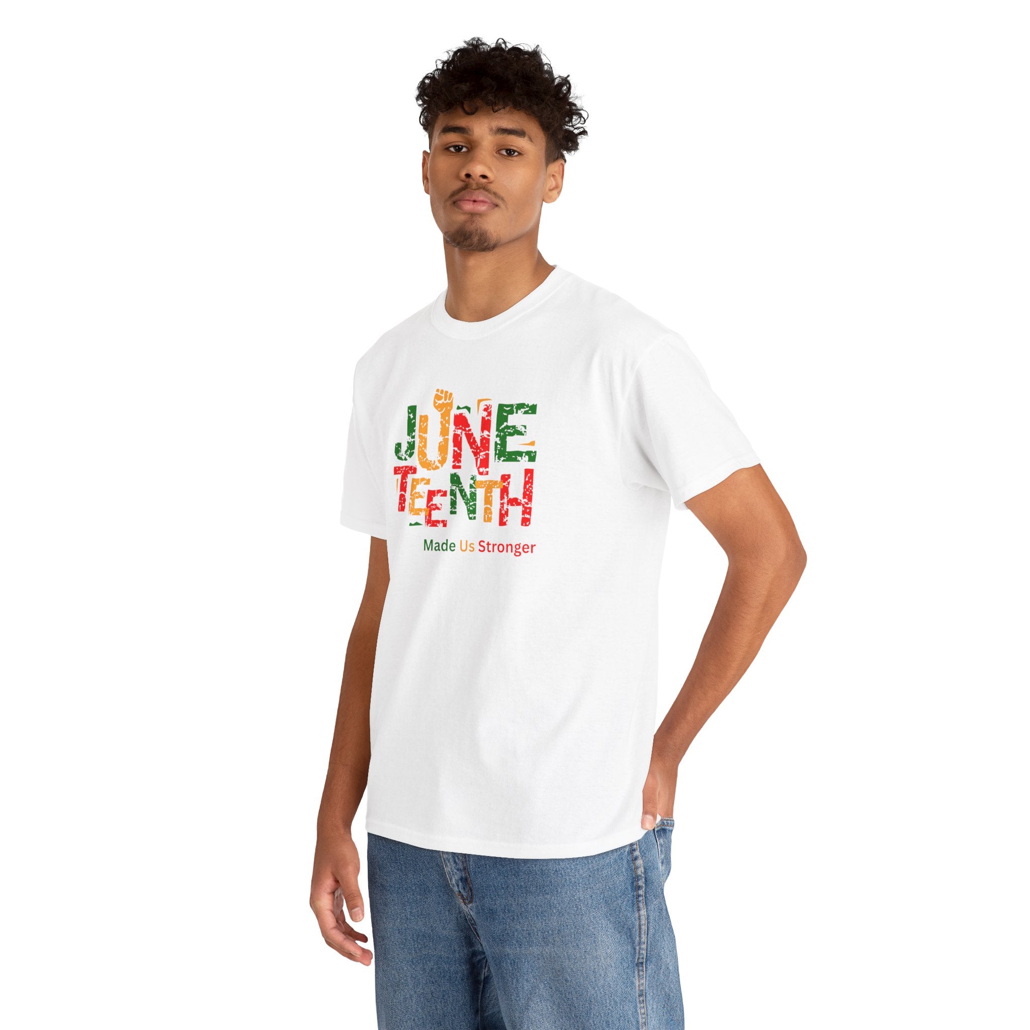 Juneteenth Celebration T-Shirt — "Made Us Stronger" Floral Block Letter Tee
