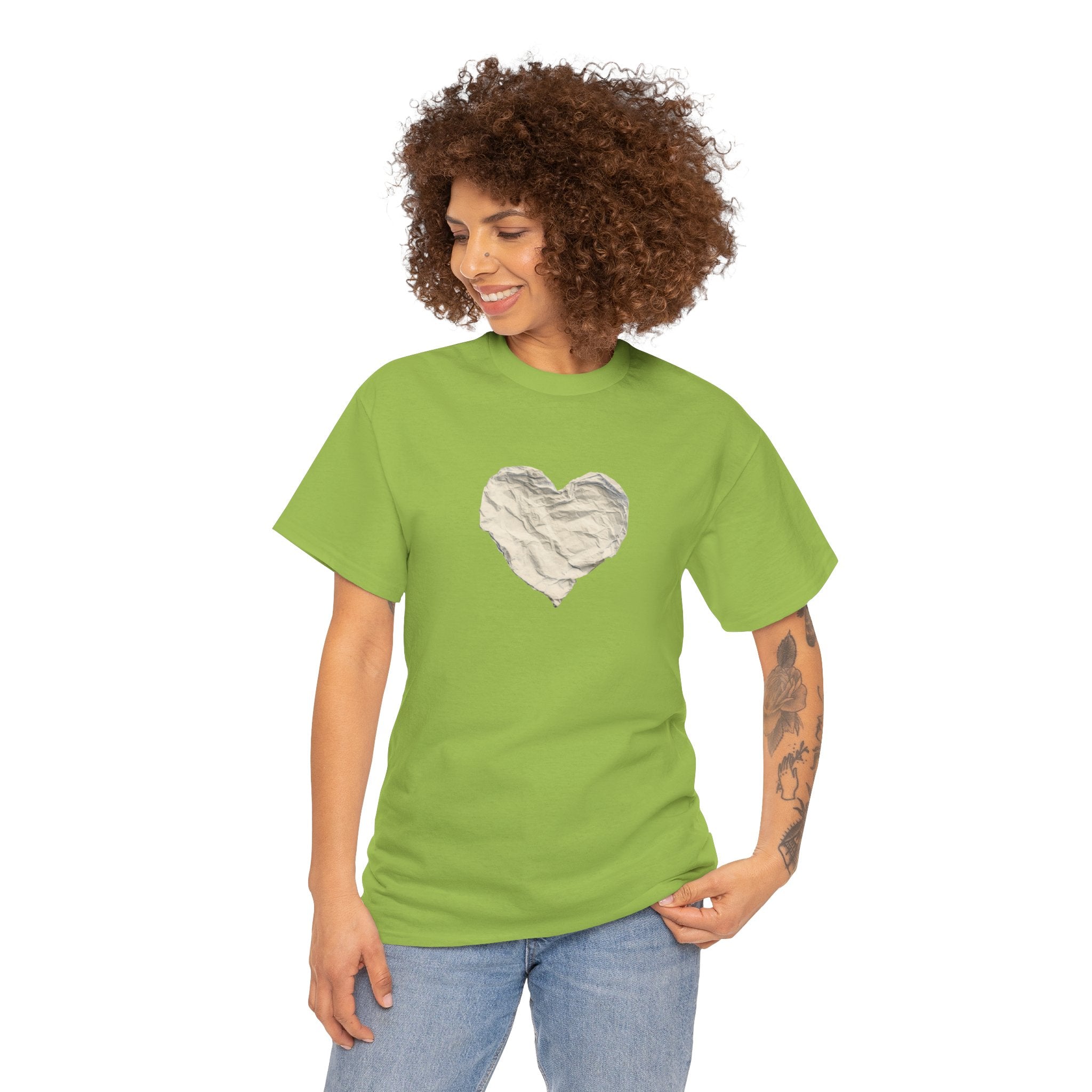 Crinkled Paper Heart Tee - Minimalist White Cotton Shirt