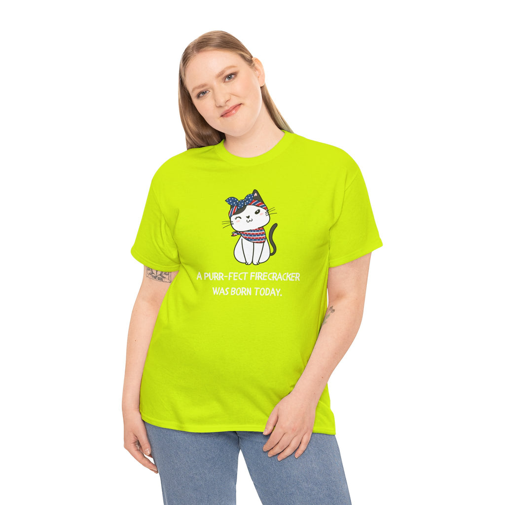 Cat Birthday Tee — "A Purr-fect Firecracker Was Born Today"
