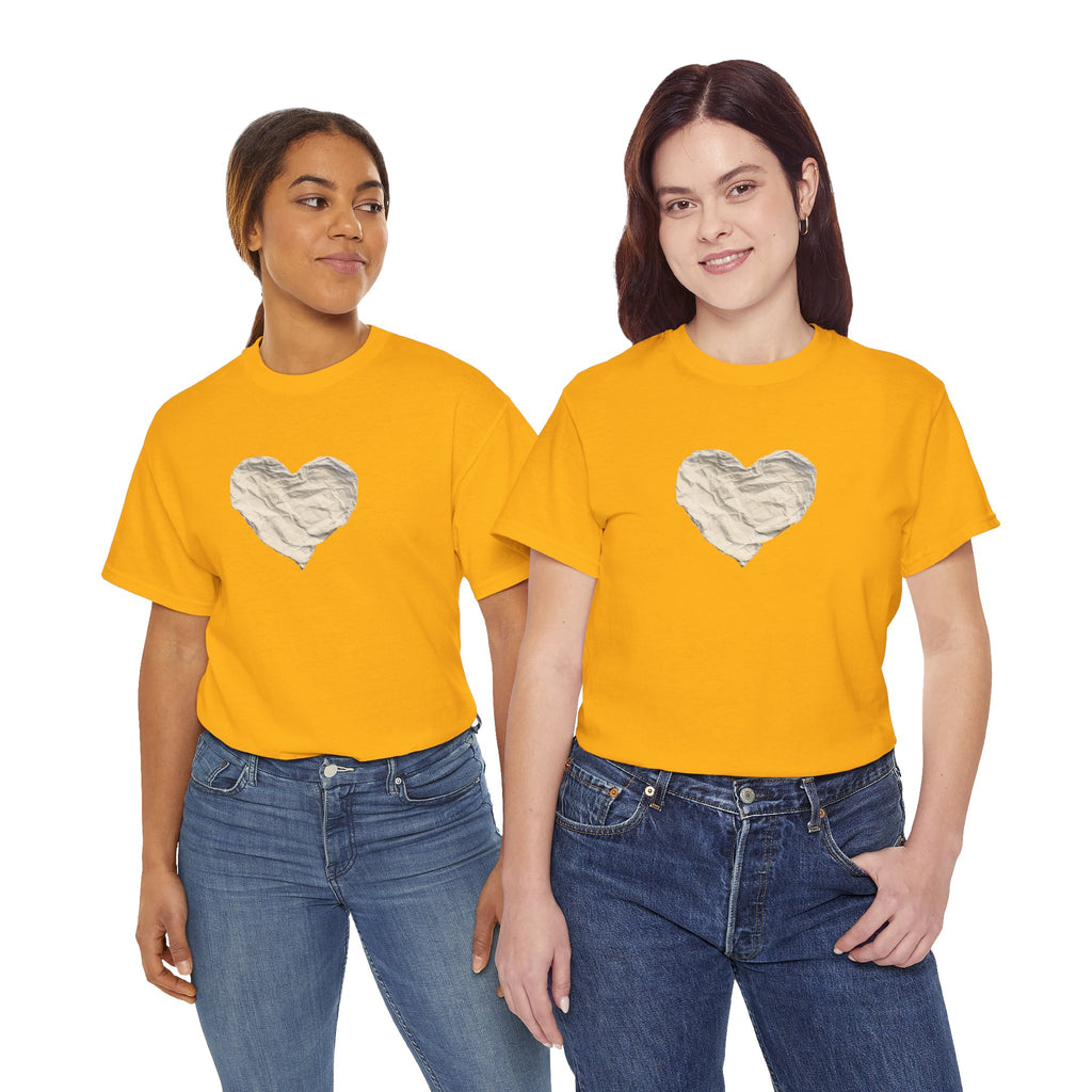 Crinkled Paper Heart Tee - Minimalist White Cotton Shirt