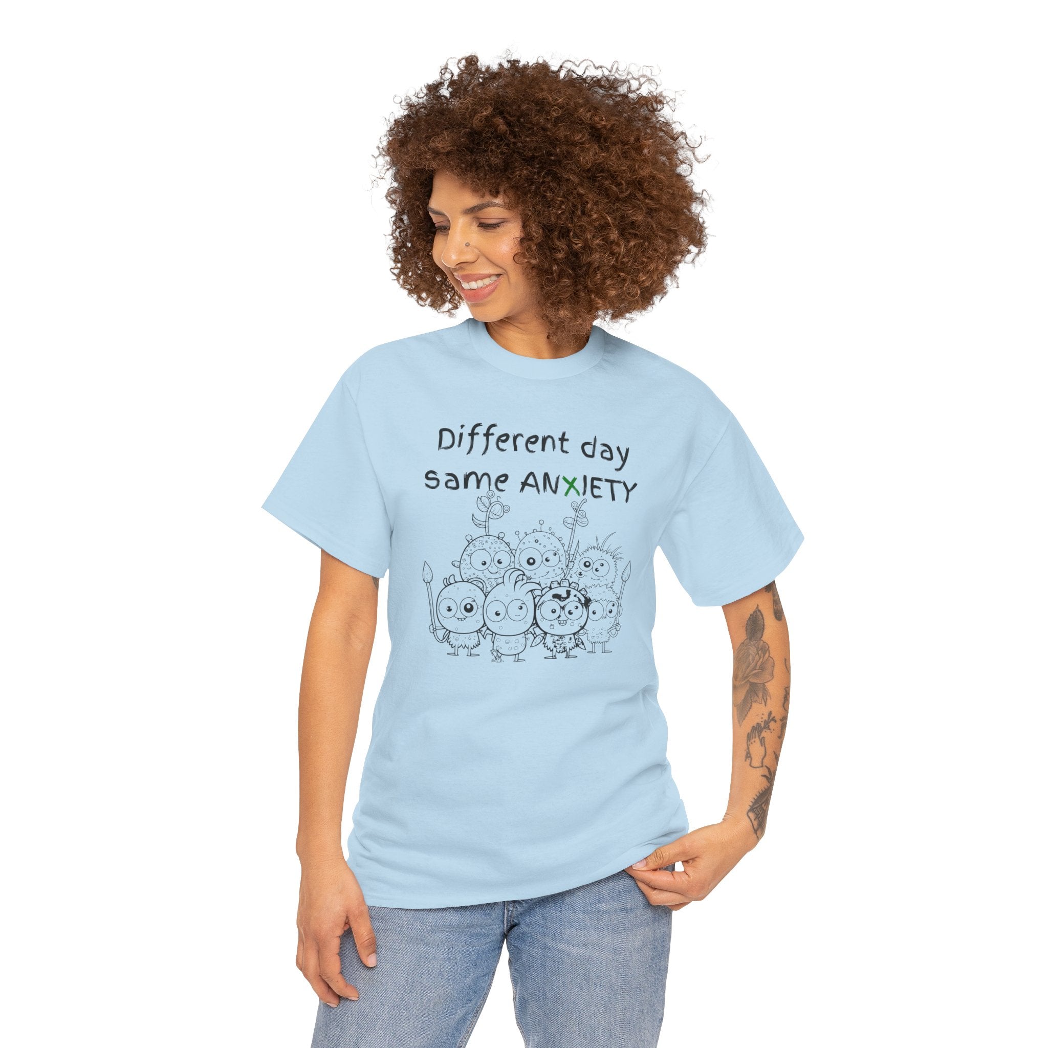 Anxiety Cartoon Tee — "Different day same ANXIETY" Mental Health Graphic T-Shirt
