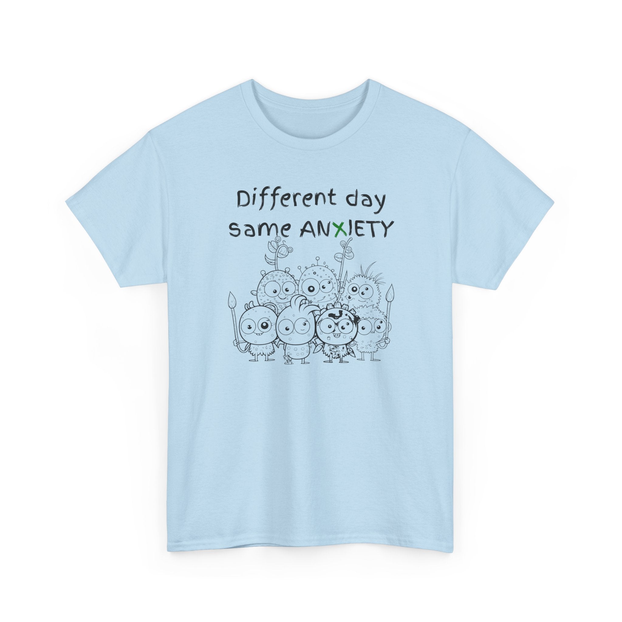 Anxiety Cartoon Tee — "Different day same ANXIETY" Mental Health Graphic T-Shirt