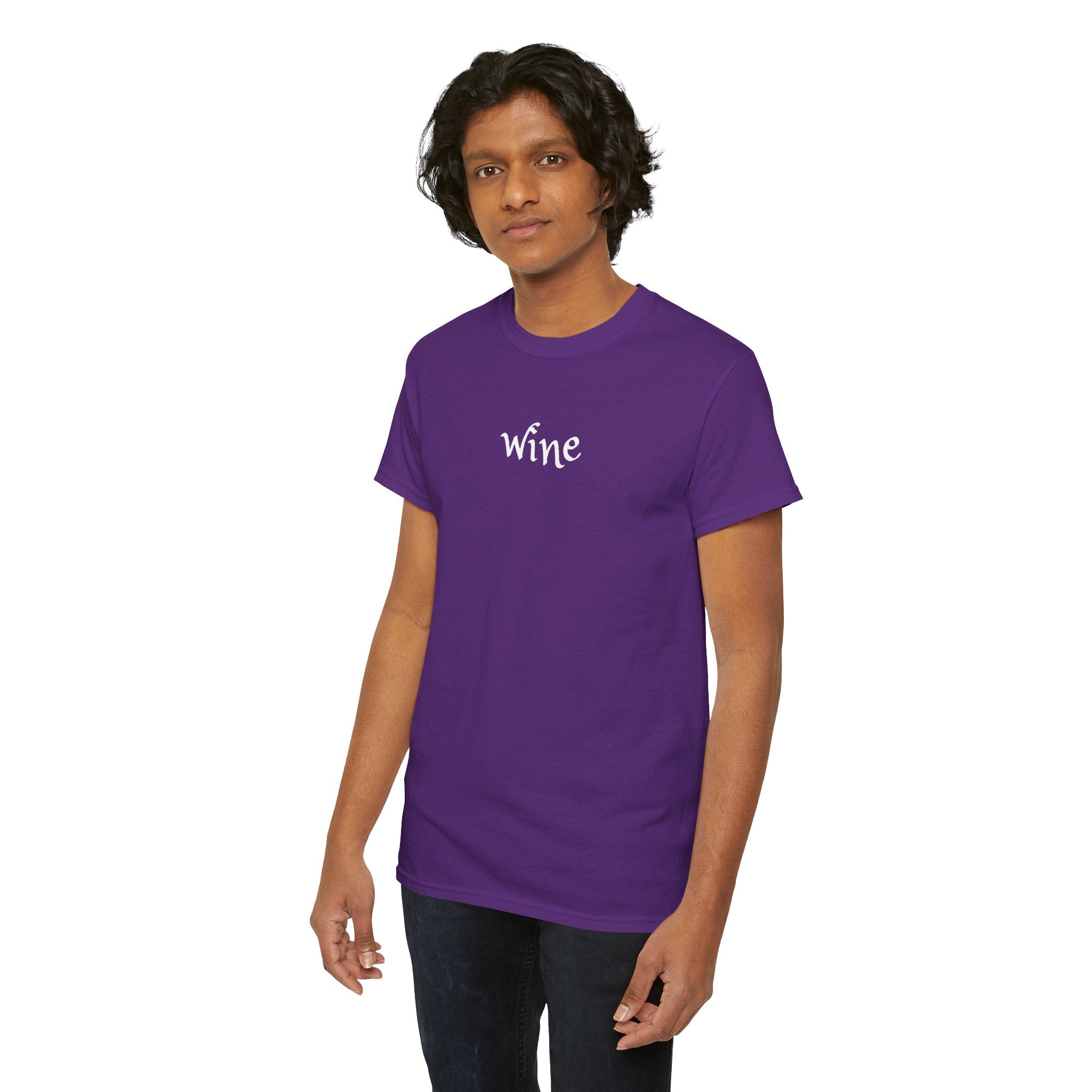 Wine Graphic Tee — Minimalist Small Chest 'wine' Text T‑Shirt