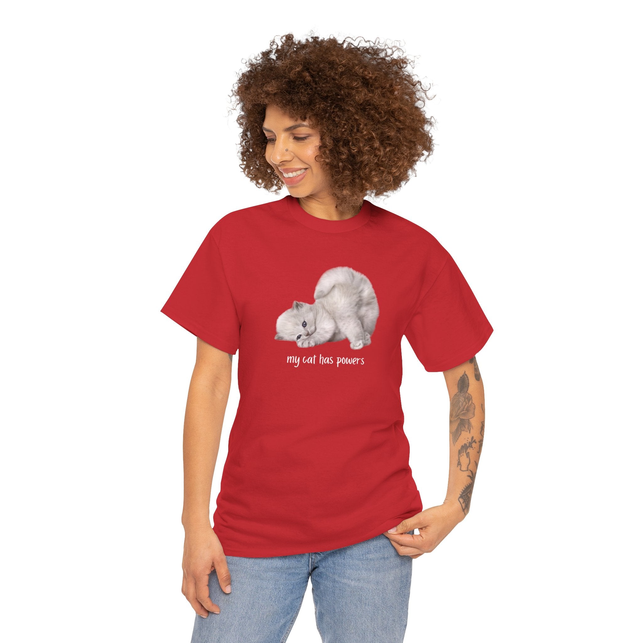 Cat T-Shirt – "My Cat Has Powers" Cute Stretching Cat Graphic Tee