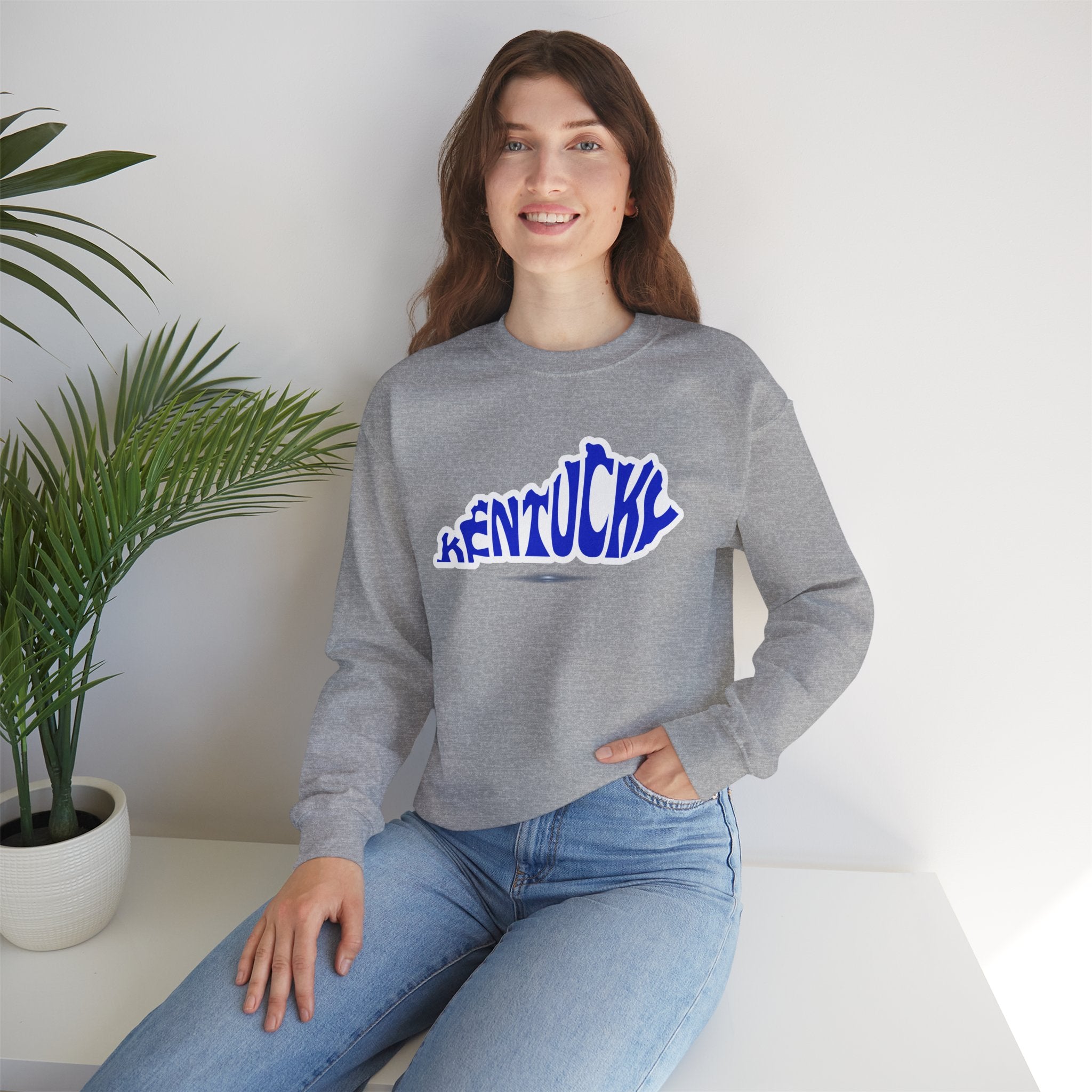 Kentucky State Outline Crewneck Sweatshirt — Blue 'Kentucky' Typography