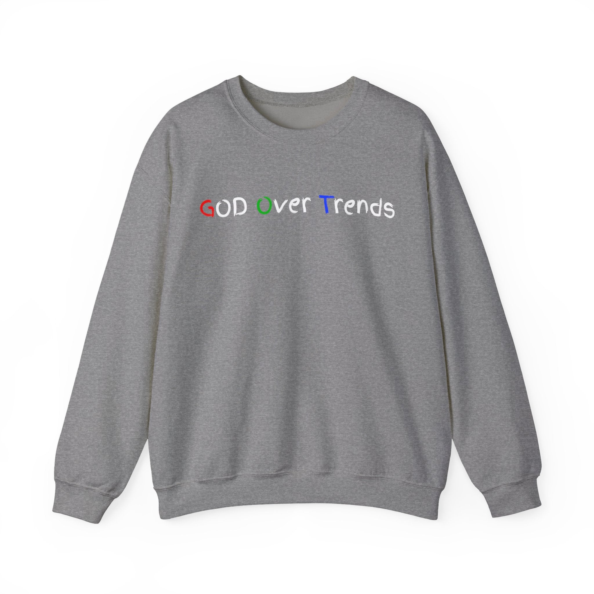 Crewneck Sweatshirt — "GOD over Trends" Colorful Faith Graphic
