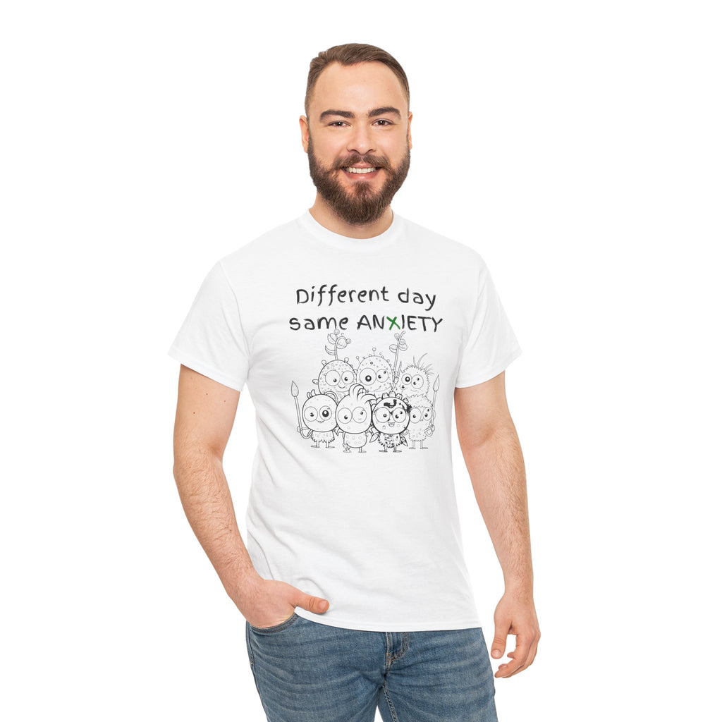 Anxiety Cartoon Tee — "Different day same ANXIETY" Mental Health Graphic T-Shirt