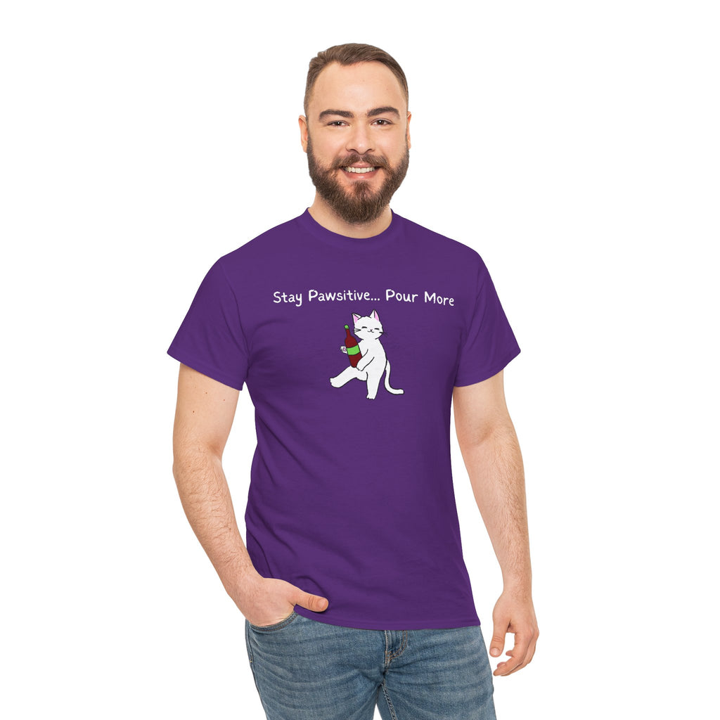 Cat Wine Tee - "Stay Pawsitive Pour More" Funny Cat Drinking T-Shirt