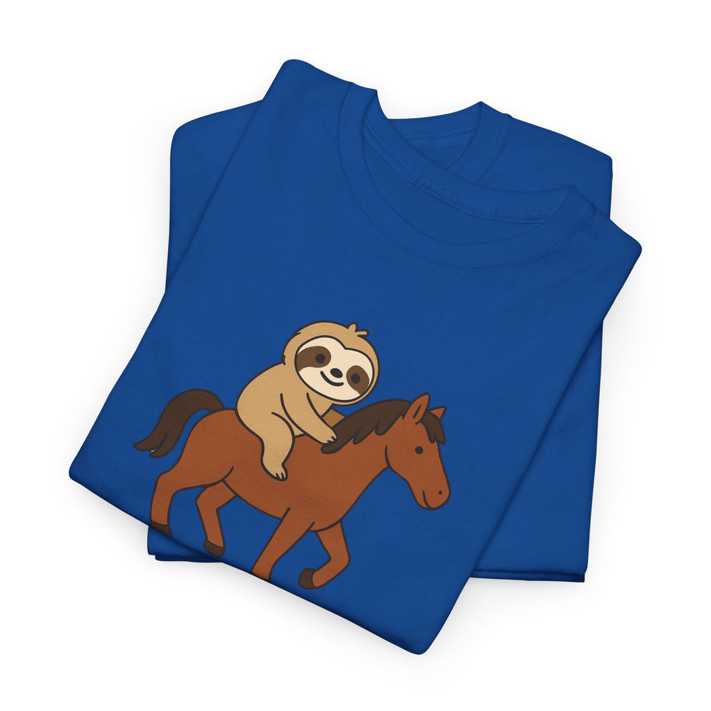 Sloth on Horse Tee — "Work Smarter, Not Faster" Cute Casual Graphic T-Shirt