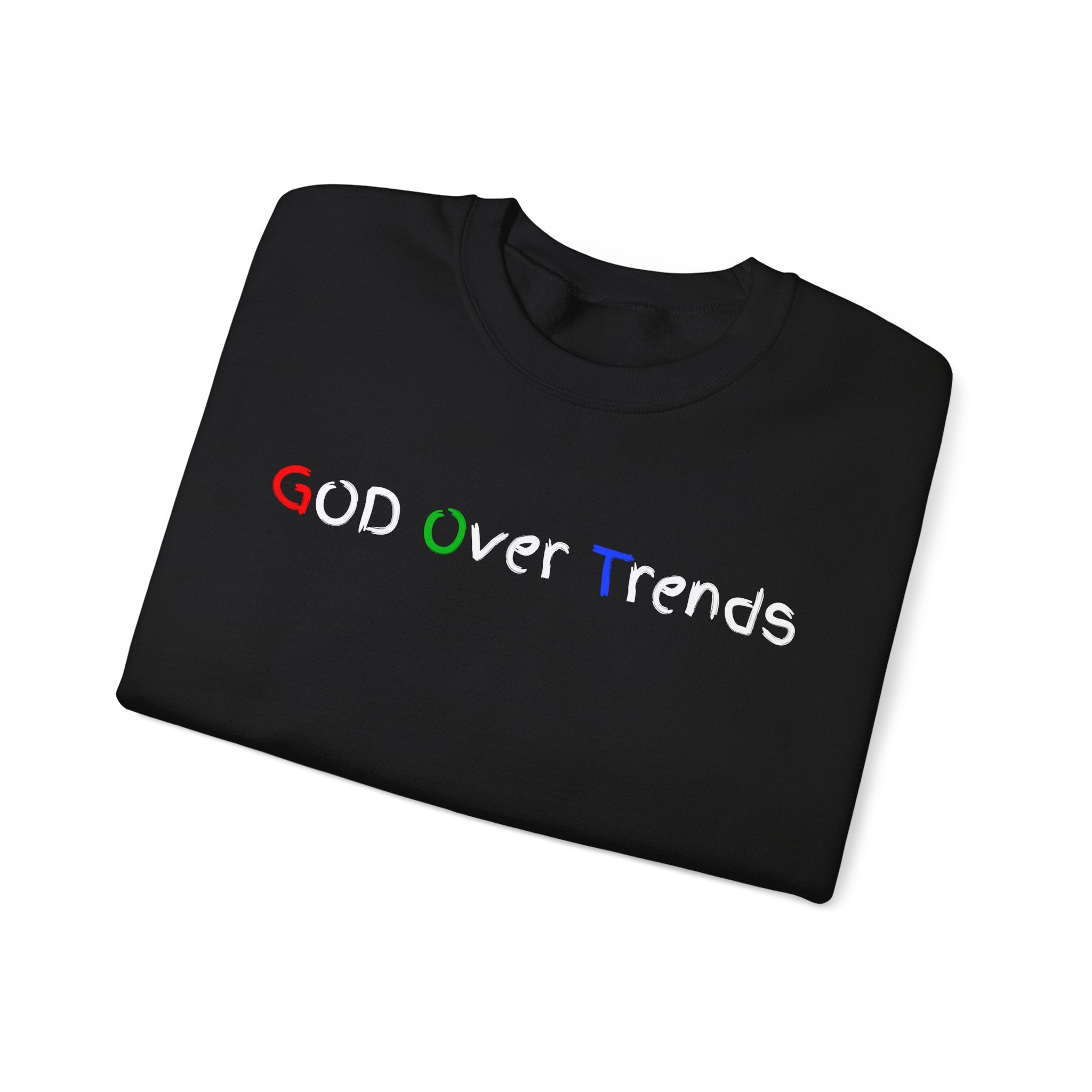 Crewneck Sweatshirt — "GOD over Trends" Colorful Faith Graphic
