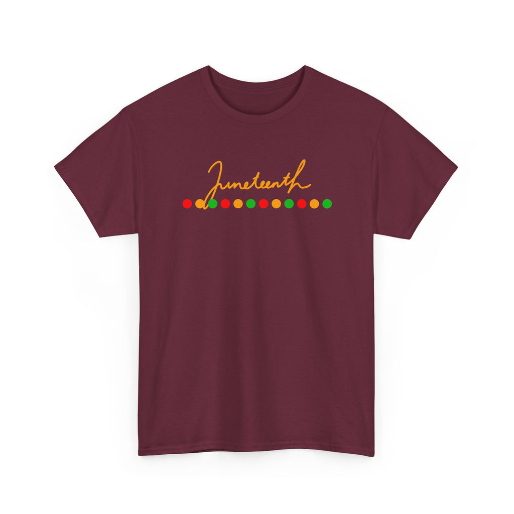 Juneteenth Script Tee — Juneteenth Celebration T-Shirt with Red, Green & Gold Dot Accent