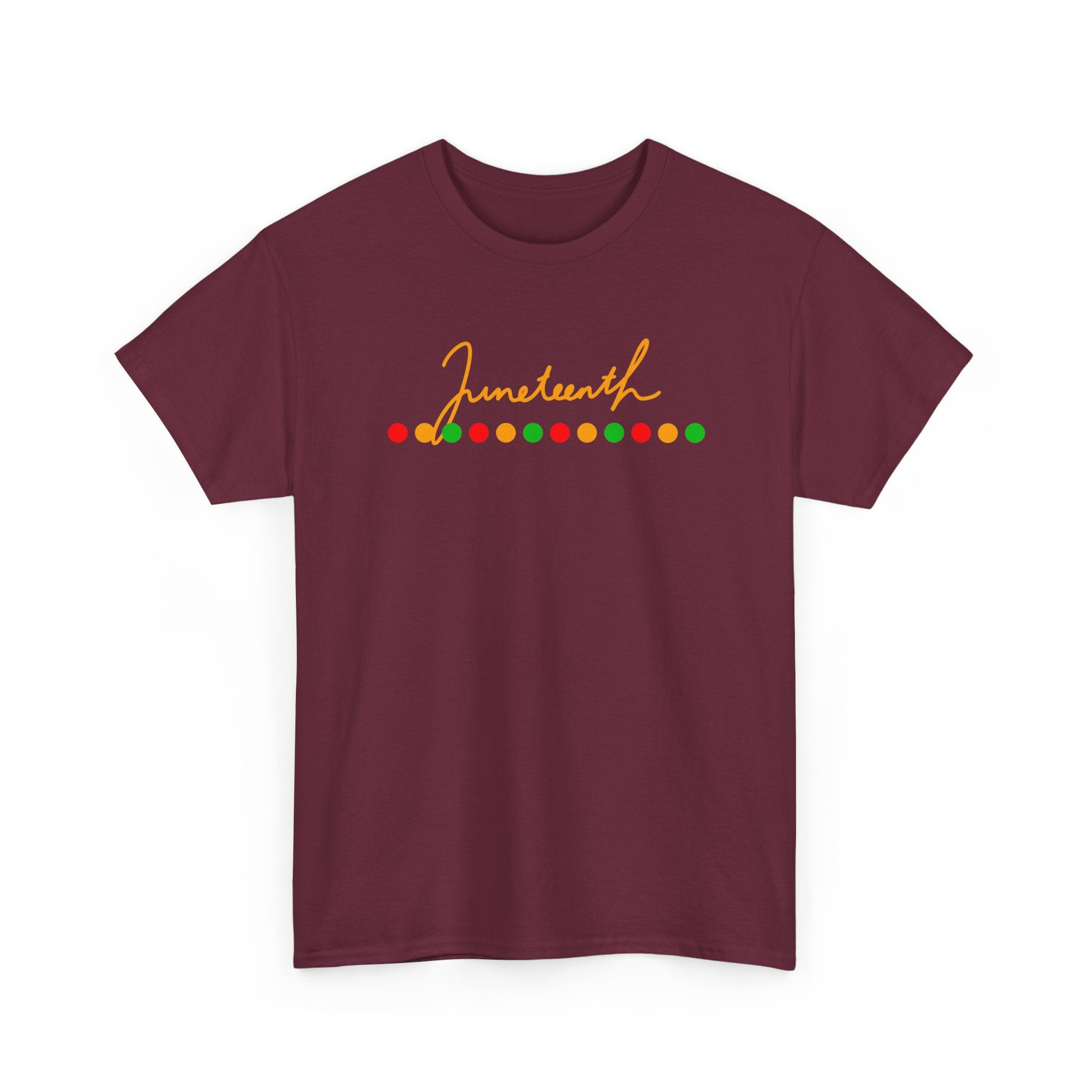 Juneteenth Script Tee — Juneteenth Celebration T-Shirt with Red, Green & Gold Dot Accent